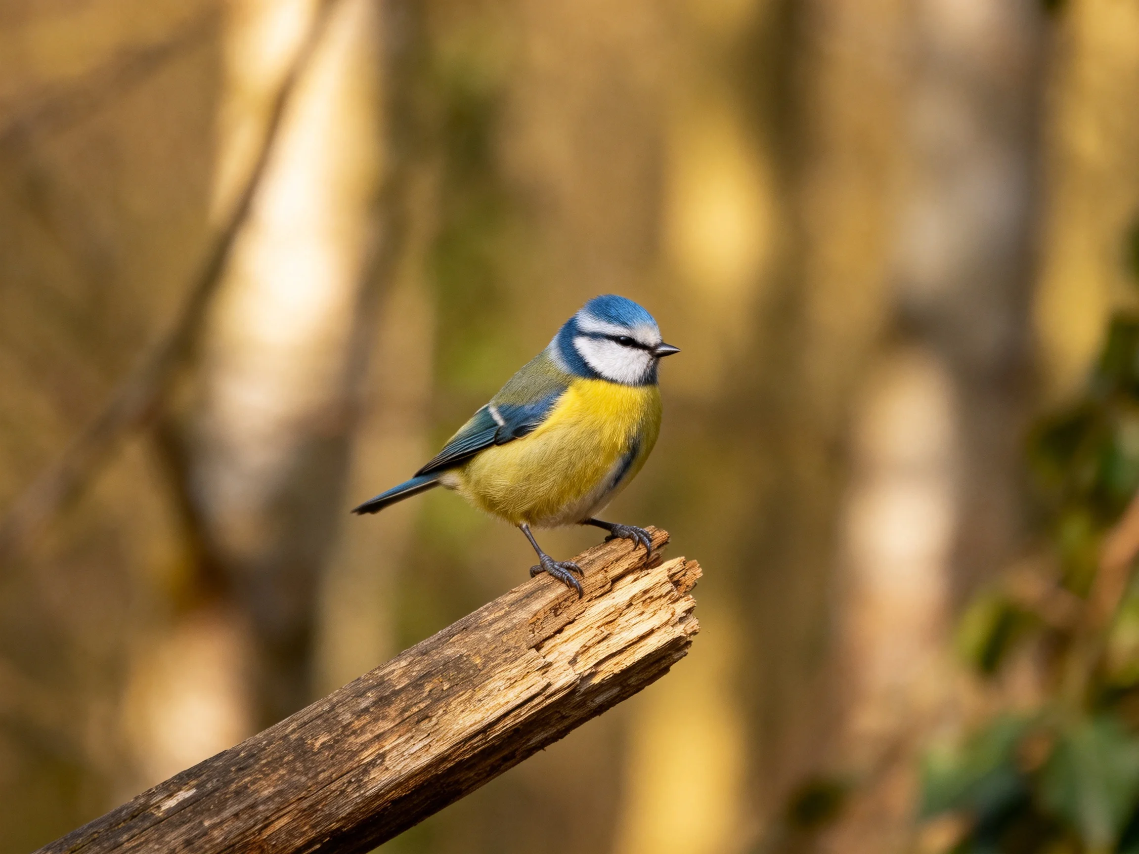 A small colorful bird perched on a weathered wooden branch