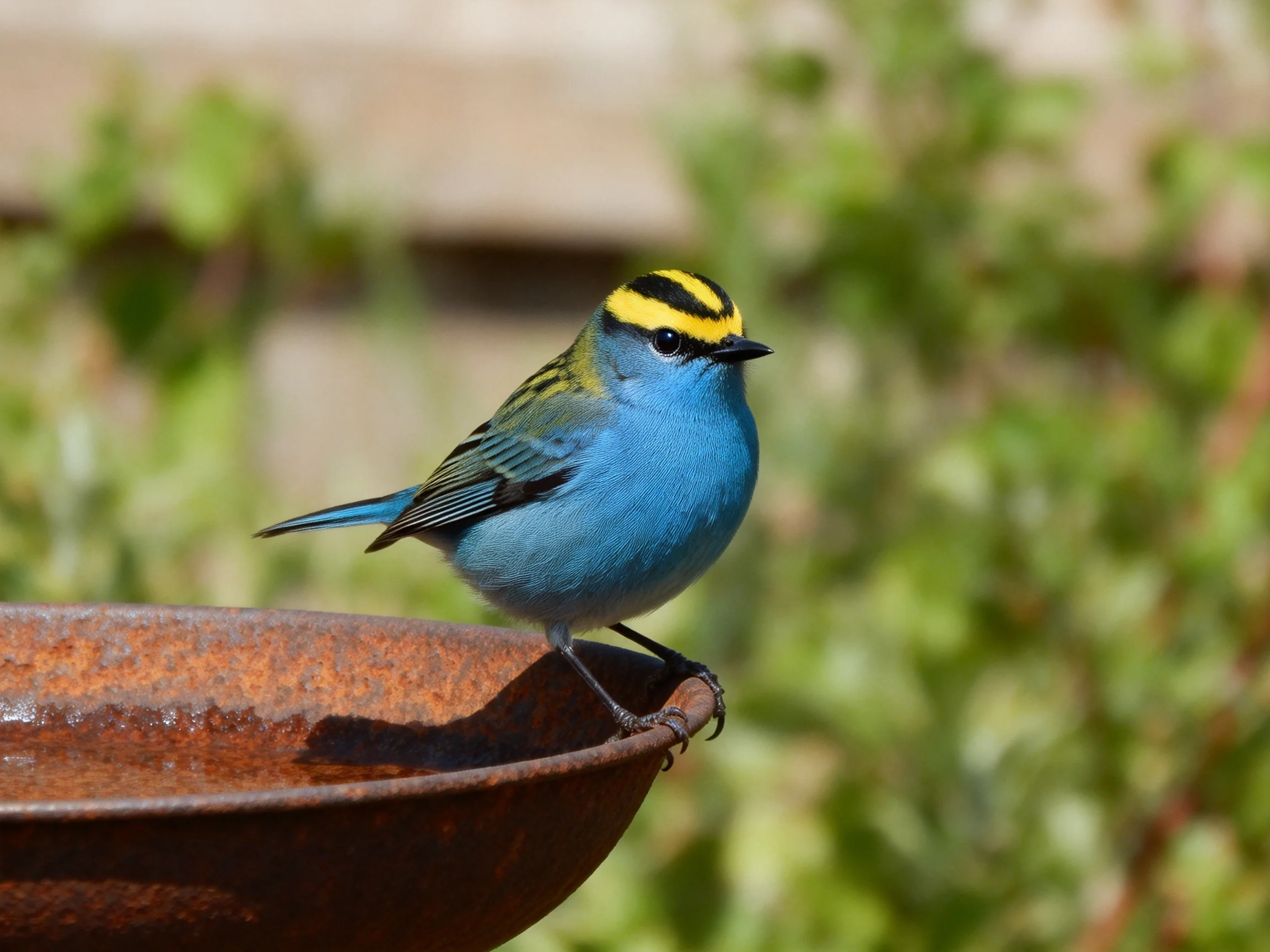 A small bird with blue and yellow plumage perches on a rusted metal container.