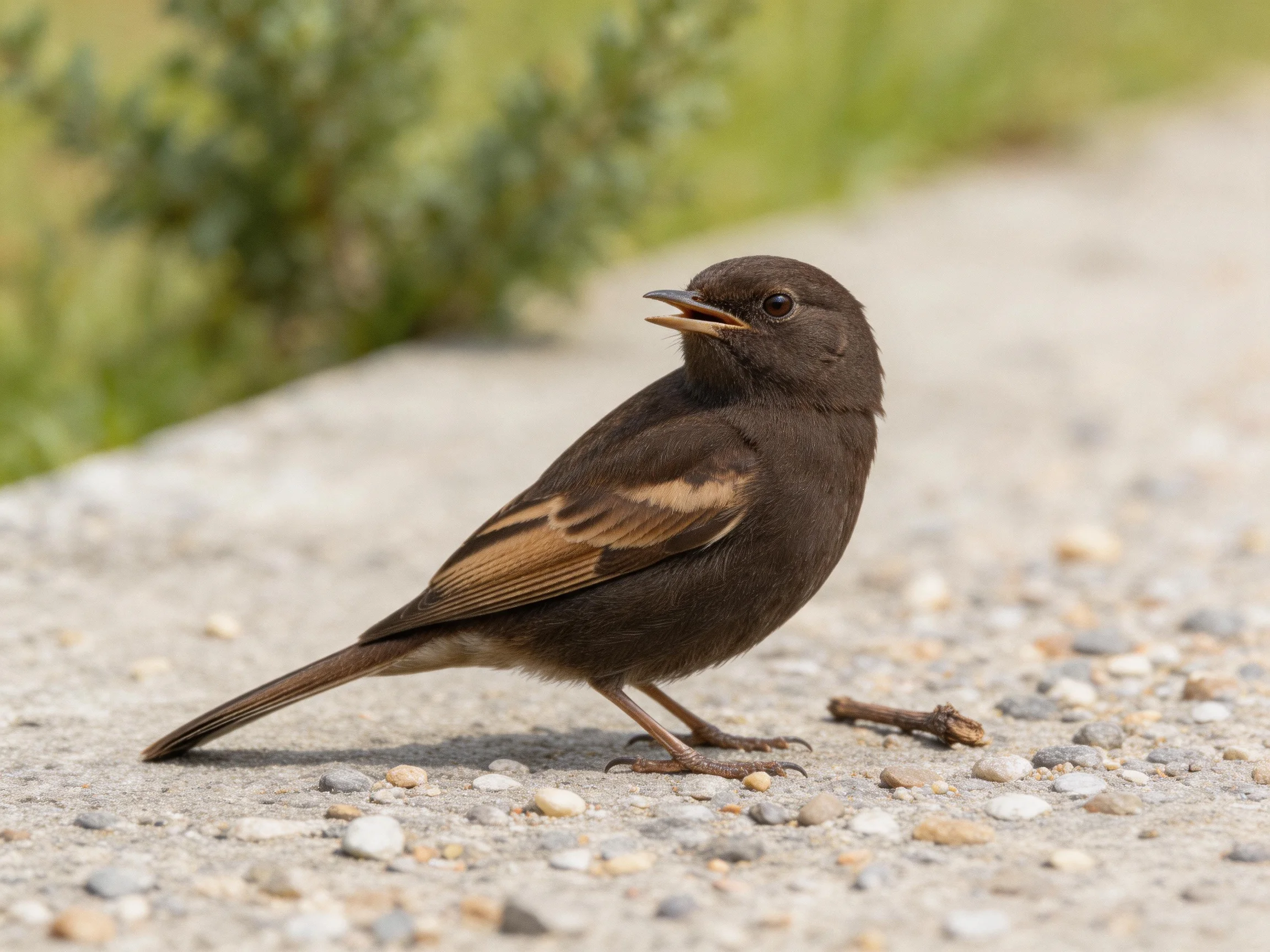 A small dark-brown bird with tan wing markings on gravel
