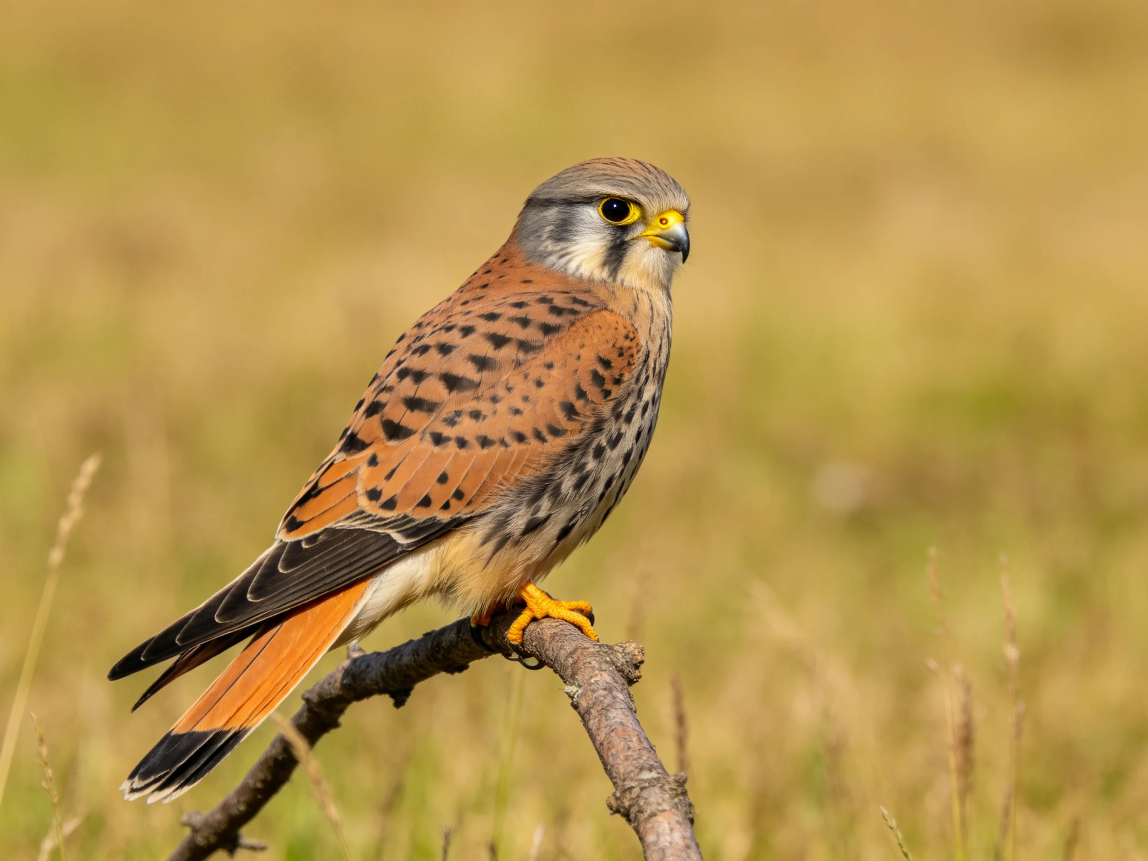A small falcon with brown-spotted plumage perches on a thin branch