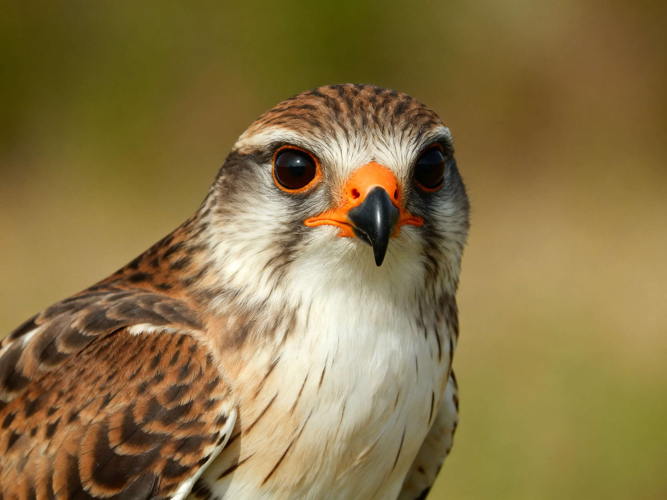 A small falcon with brown, white, and orange plumage