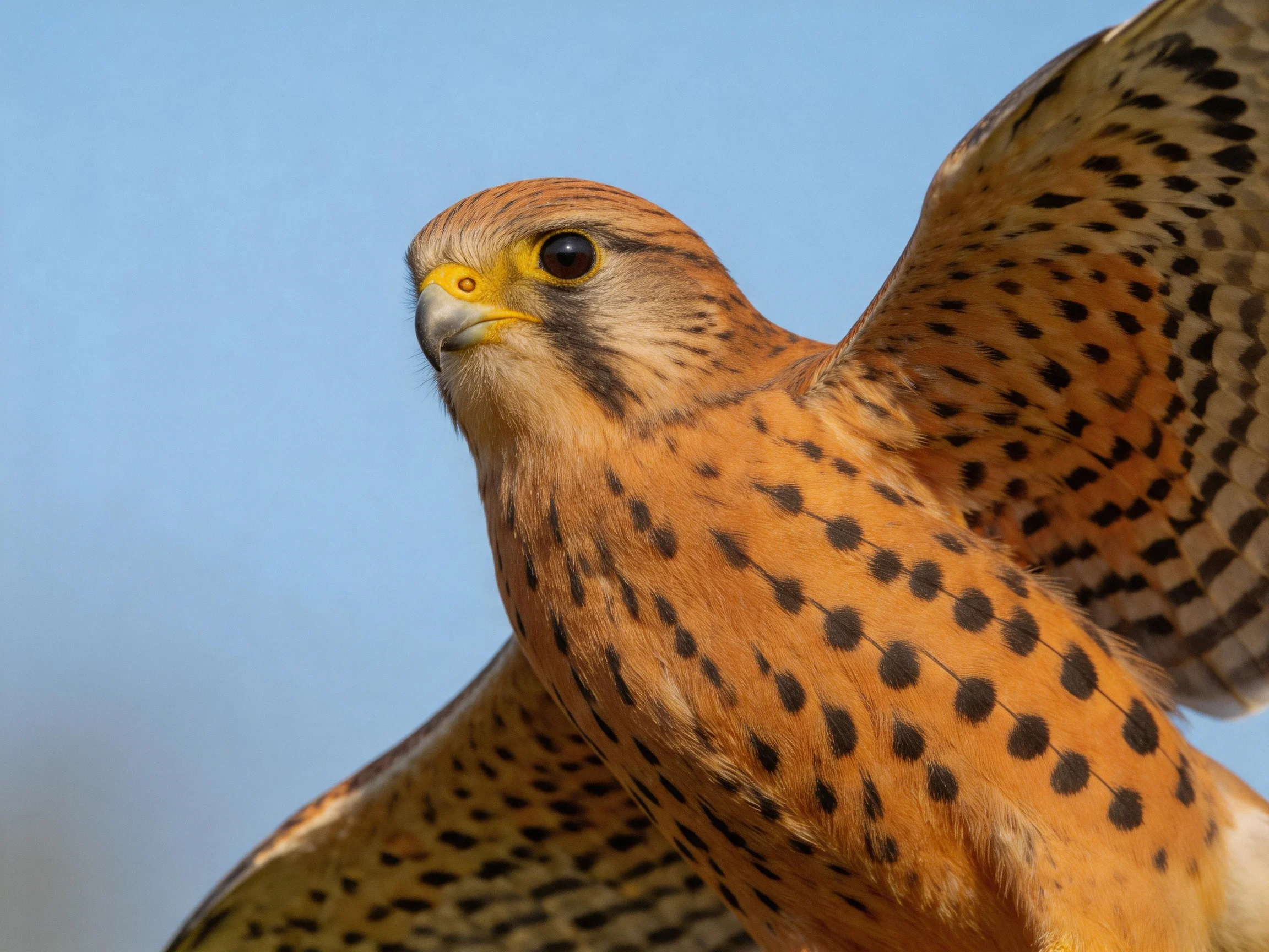 A small falcon with orange-brown spotted plumage flying