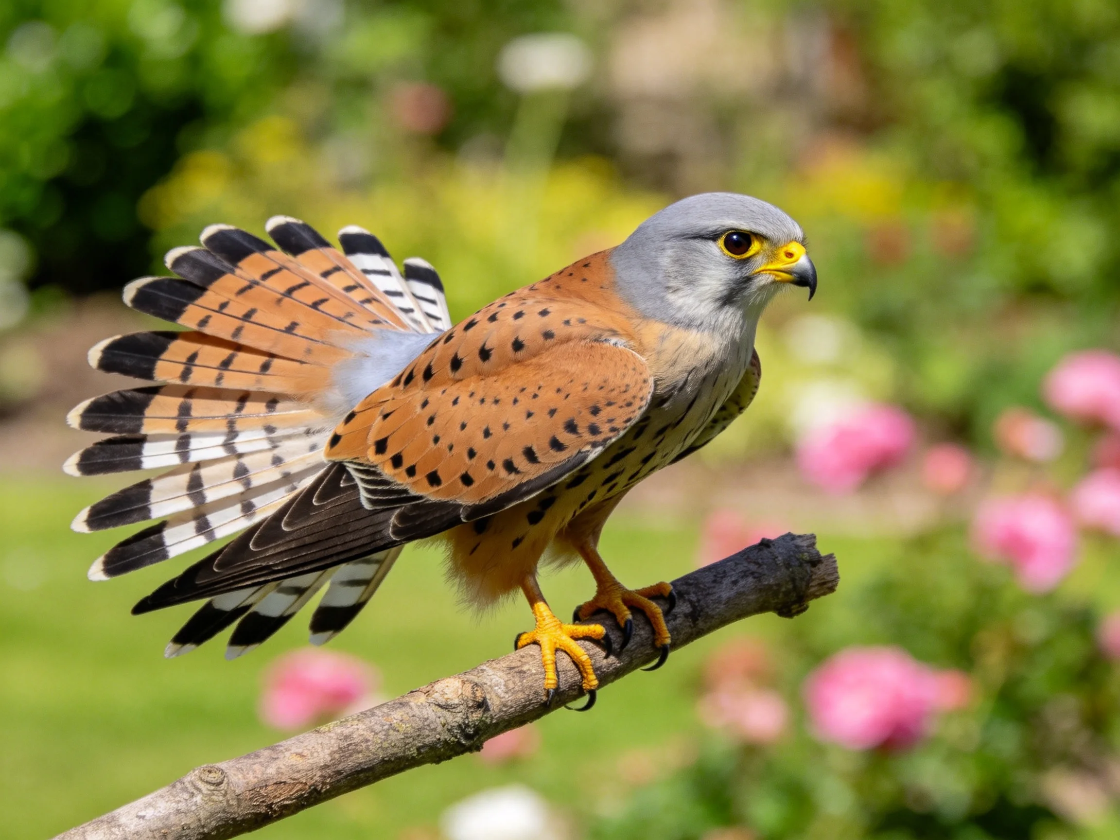 A small falcon with spotted wings perches on a branch