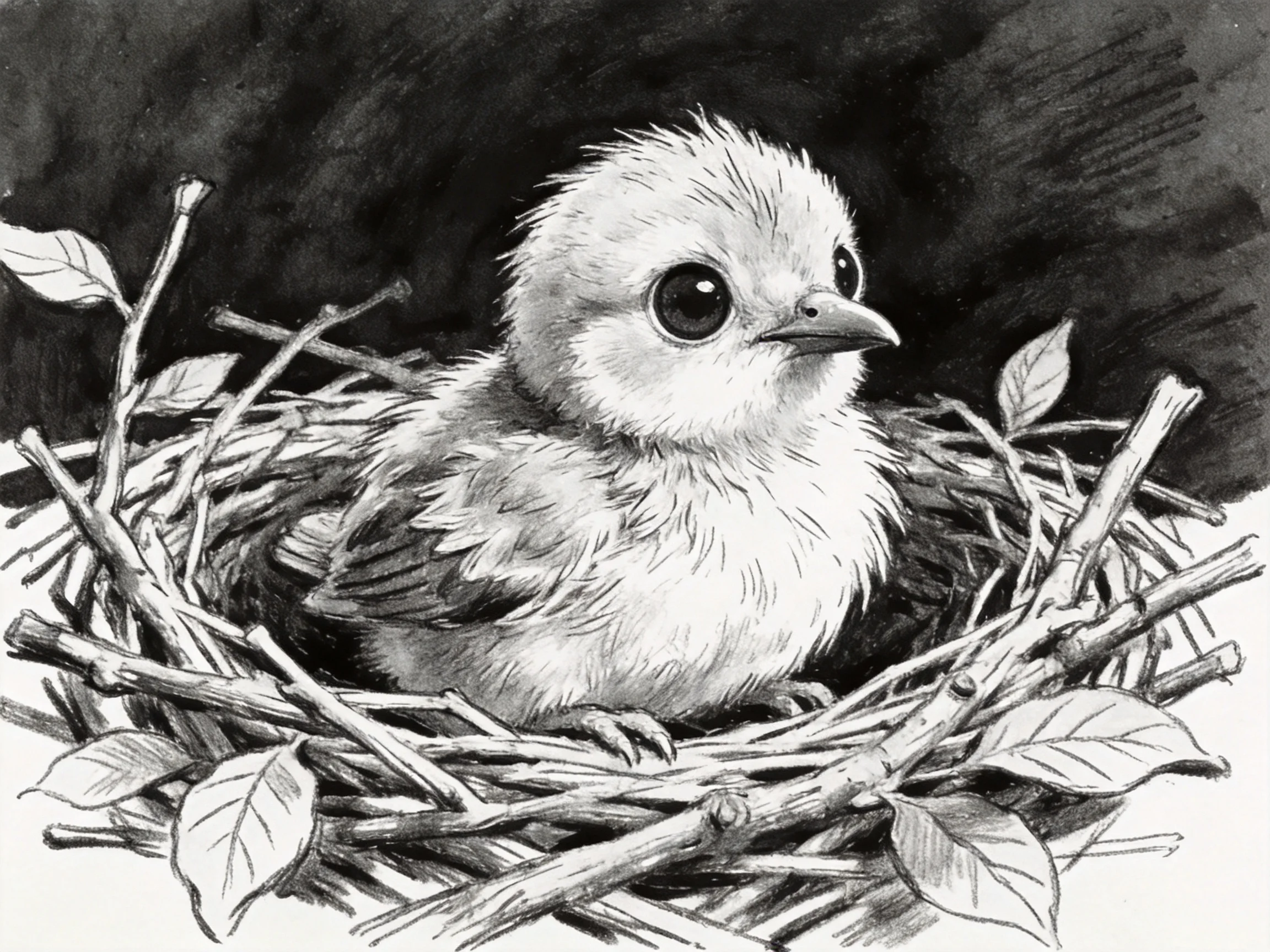 A small, fluffy baby bird nestled among twigs and leaves in a nest