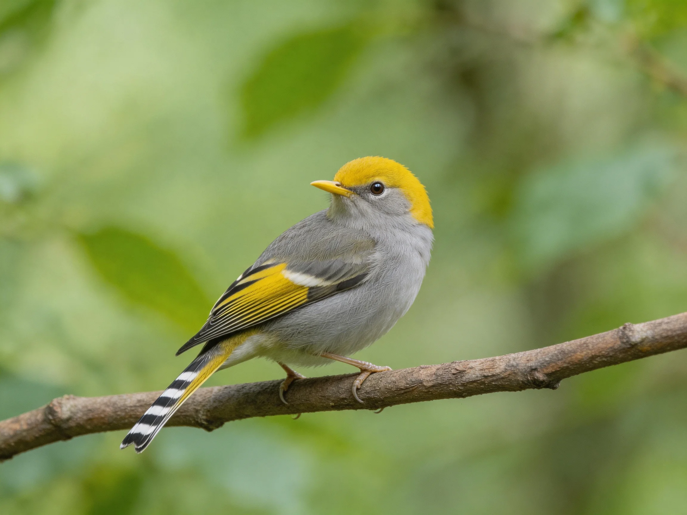 A small bird with golden head and gray body sits on a branch