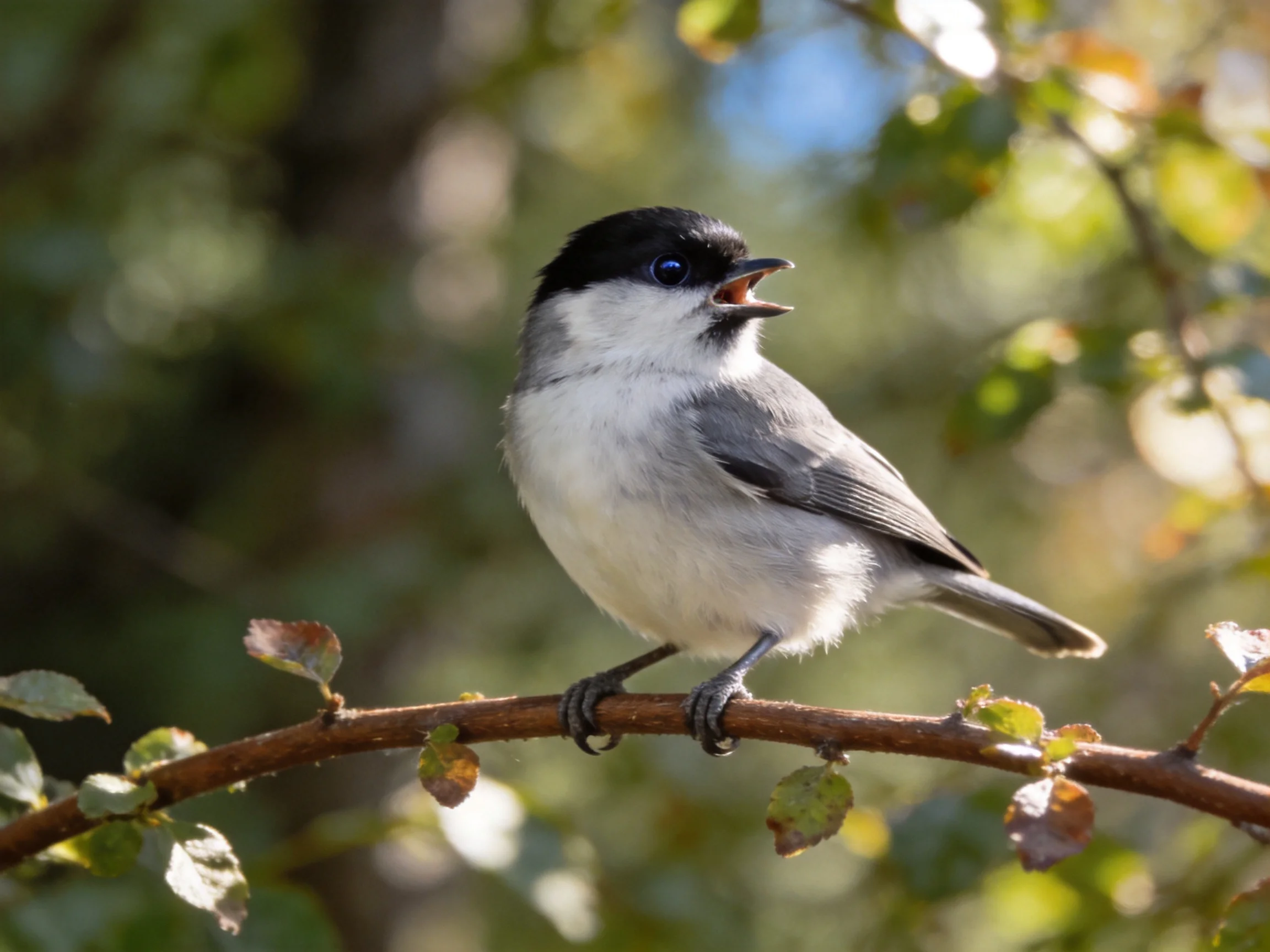A small gray and black bird perched on a leafy branch