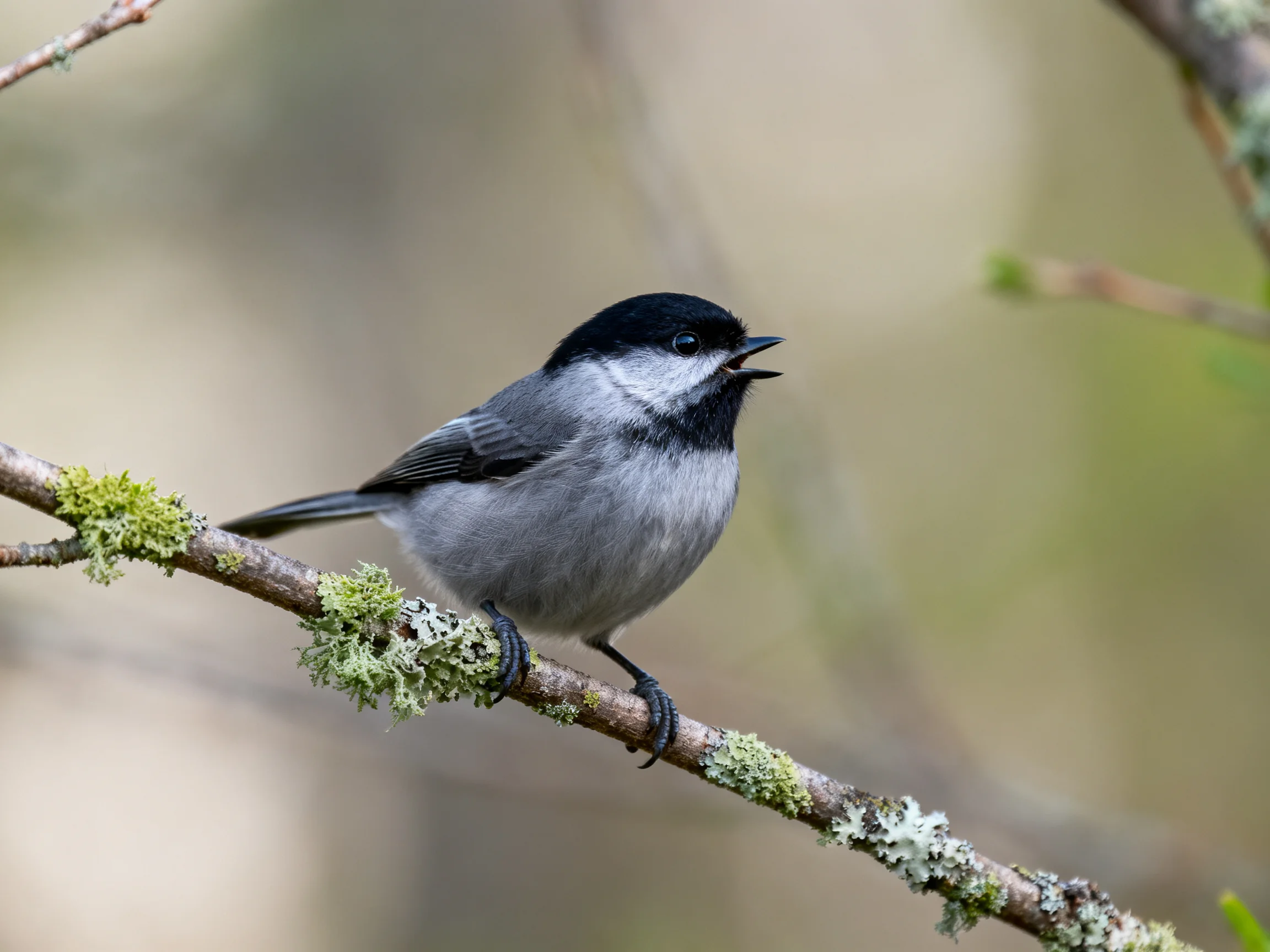 A small gray and black bird perched on a lichen-covered branch