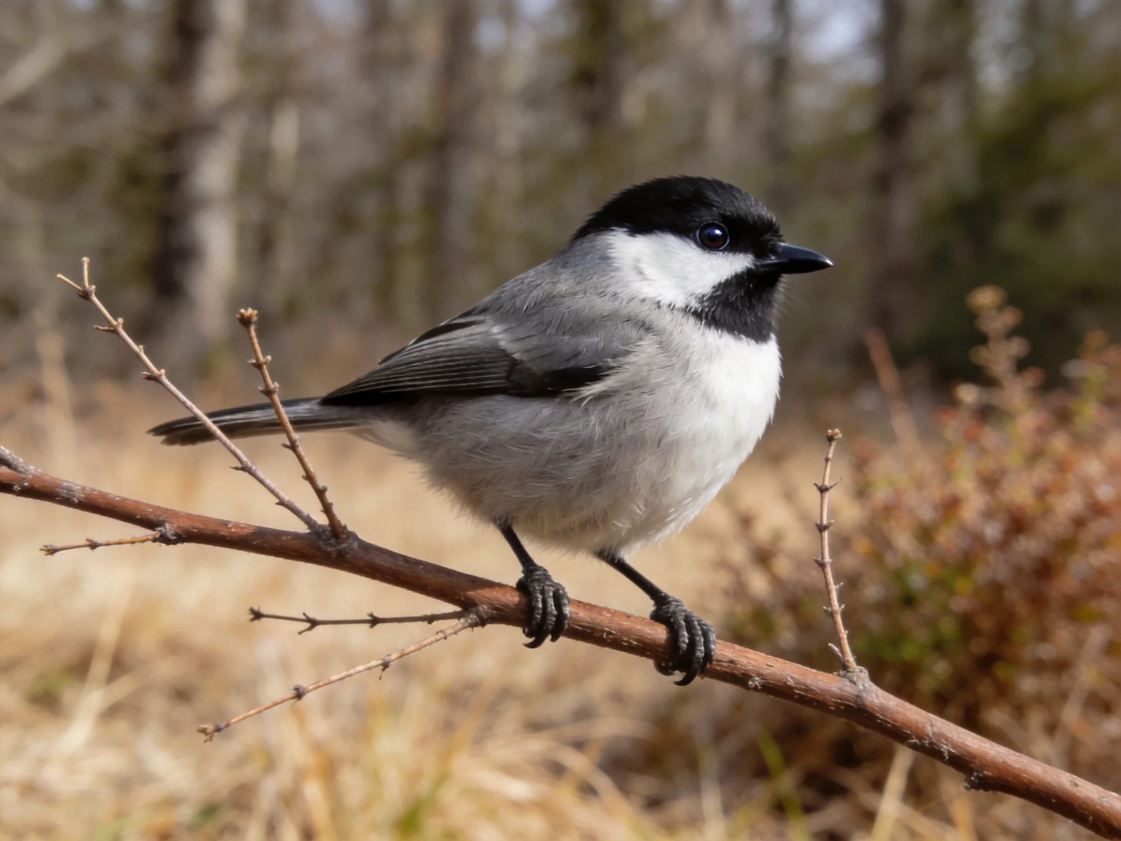 A small gray and black bird perched on a thin brown branch