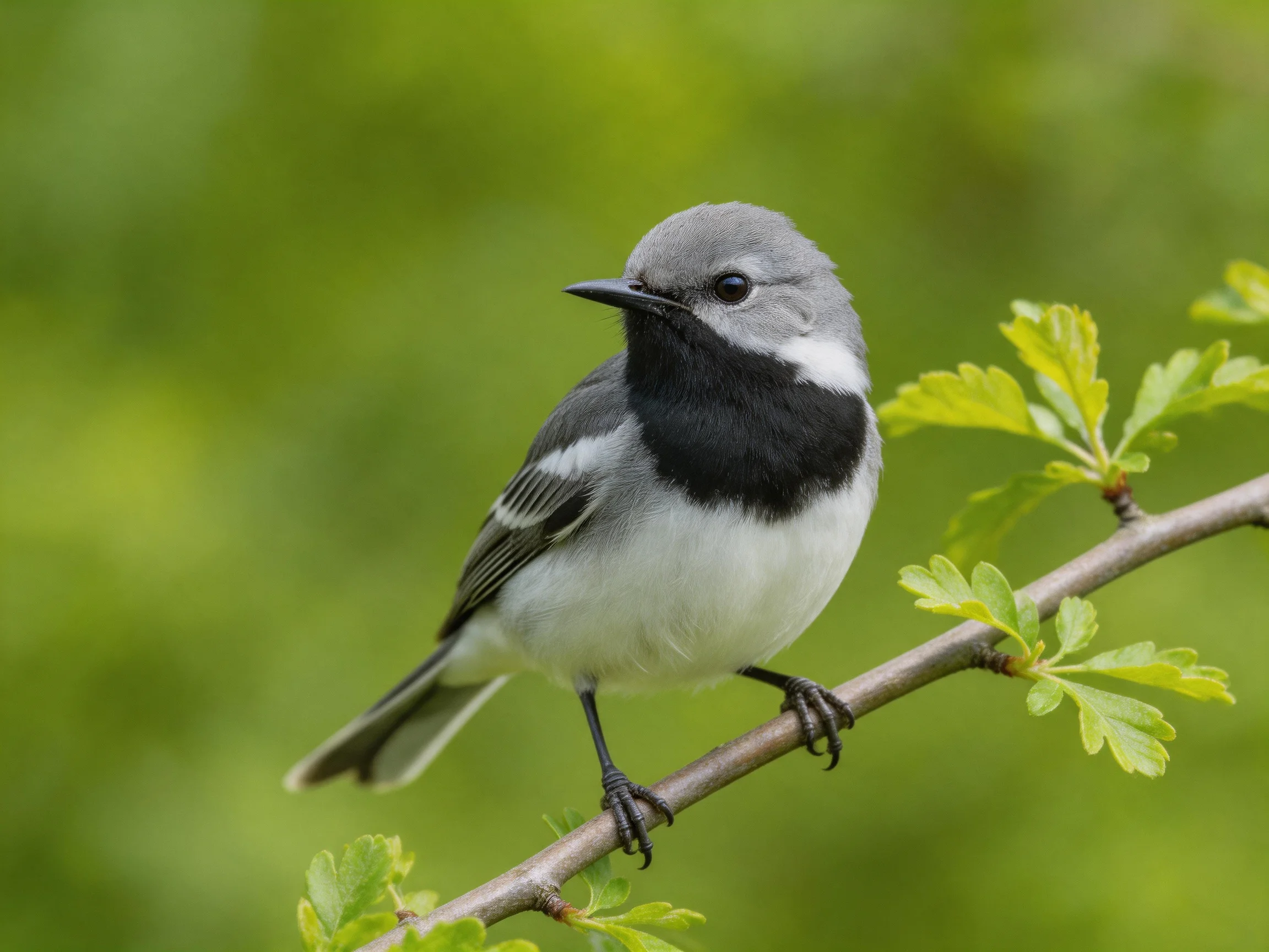 A small gray and black bird resting on a leafy branch