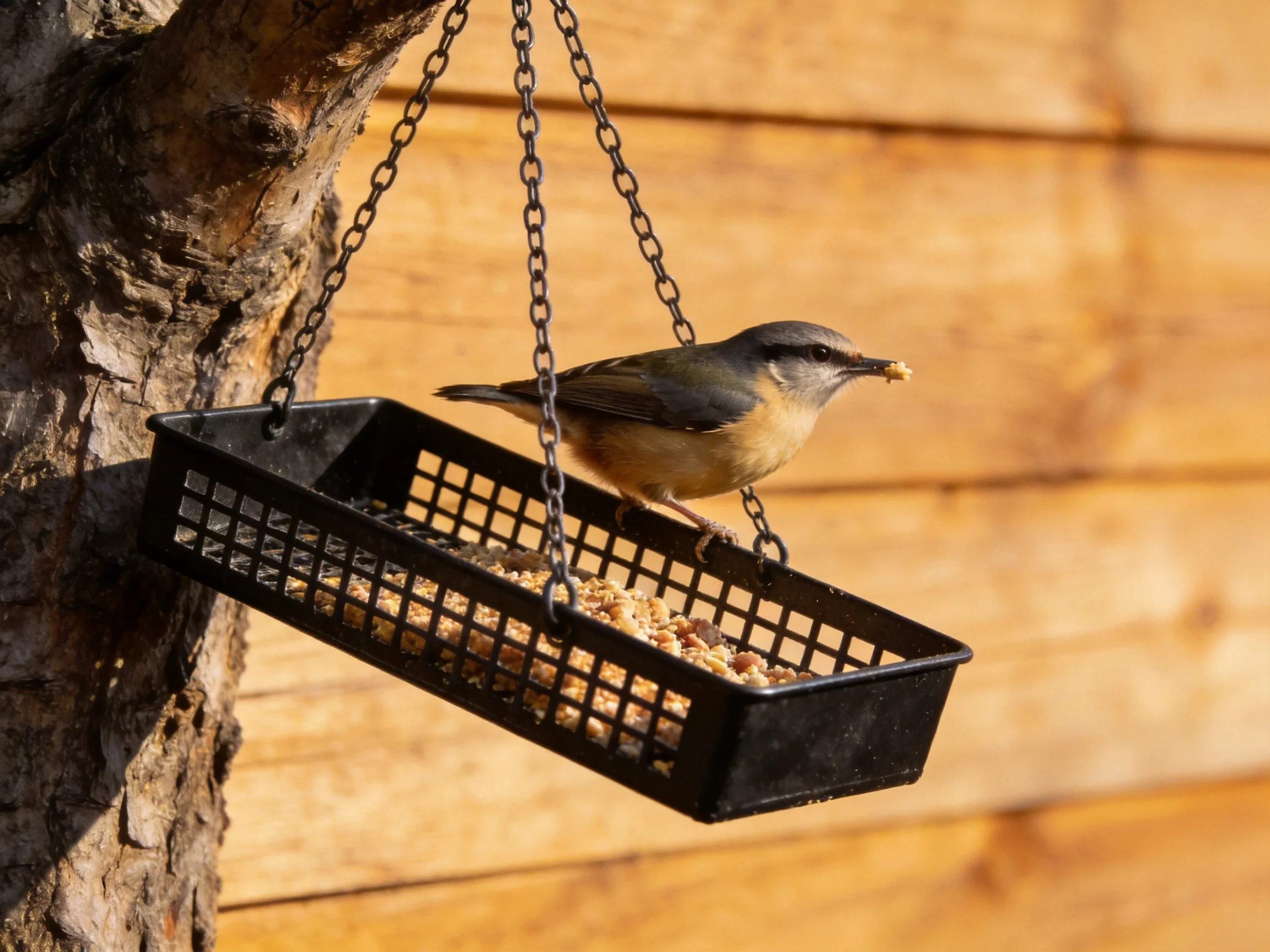 A small gray and buff bird perches on a black hanging feeder