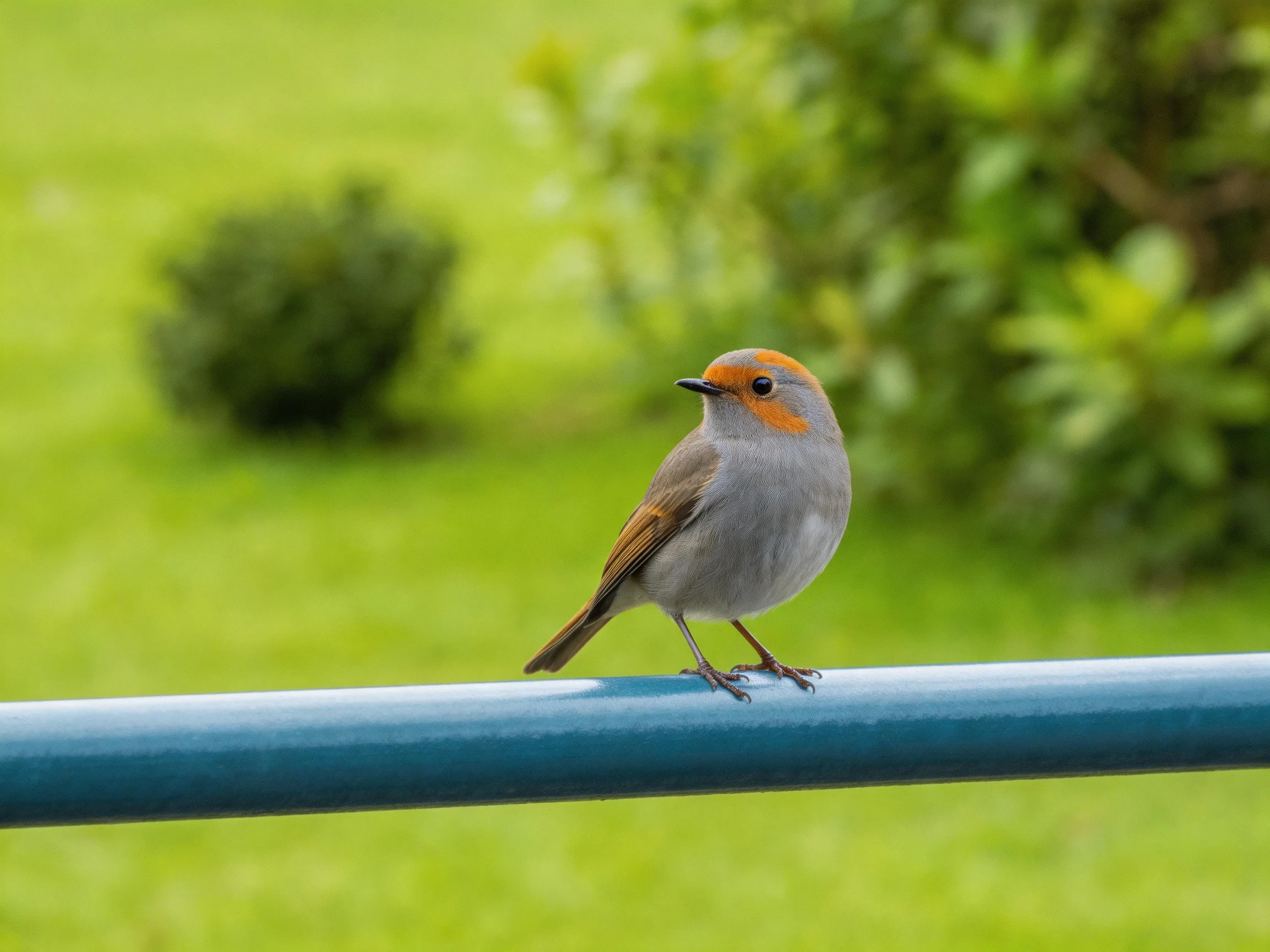 A small gray and orange bird perched on a blue metal bar near green foliage