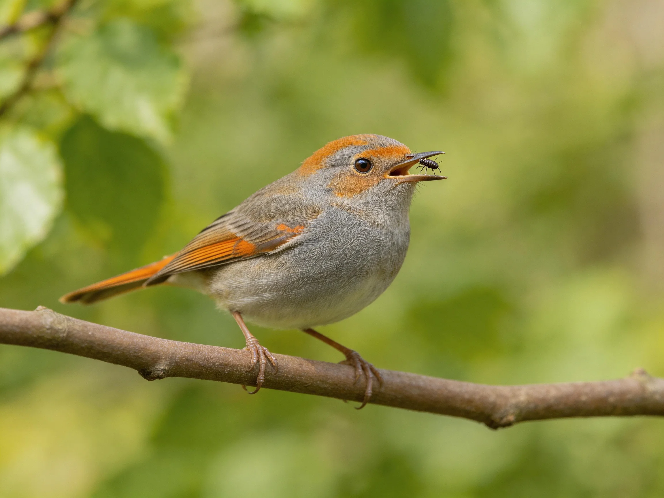 A small gray and orange bird perched on a brown tree branch