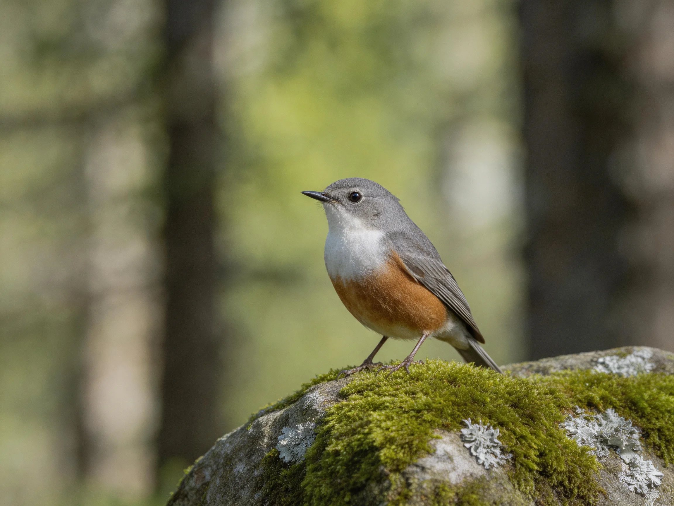A small gray-and-orange bird perched on a moss-covered rock in a forest