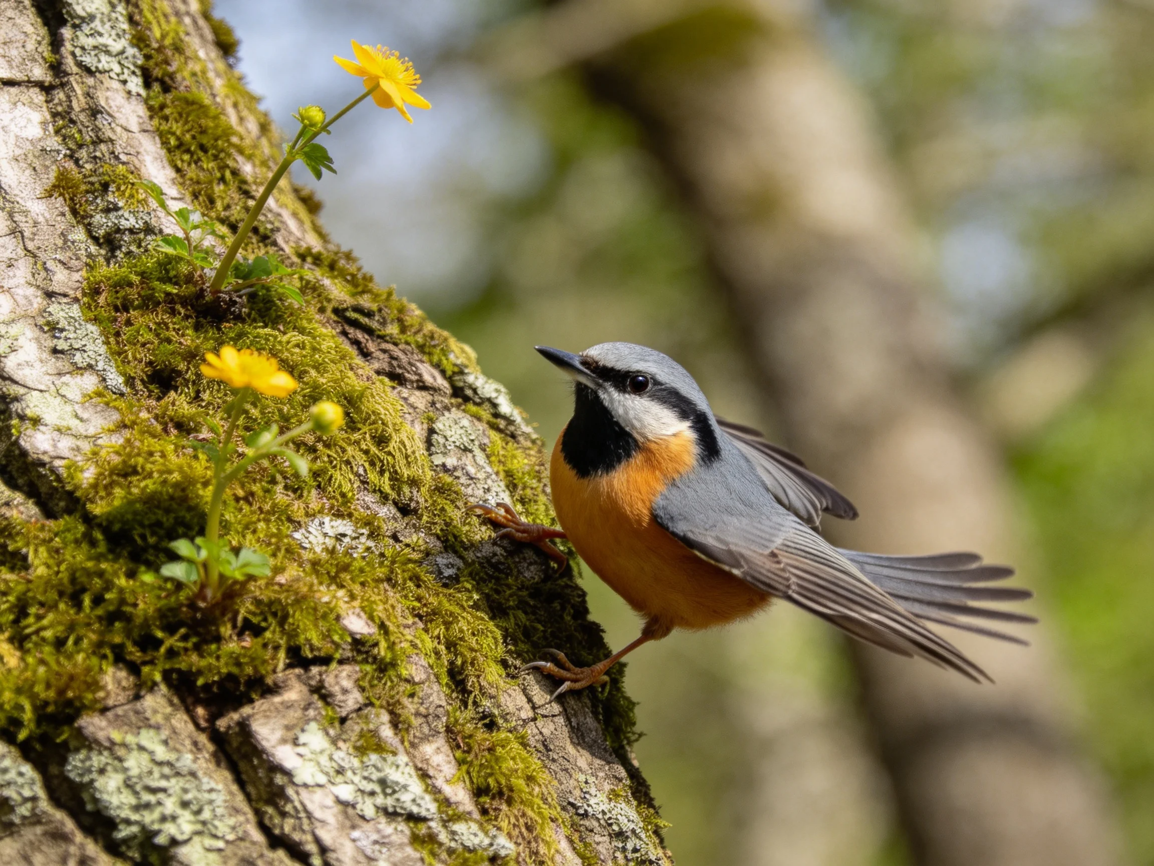 A small gray and orange bird perched on a moss-covered tree trunk near yellow flowers