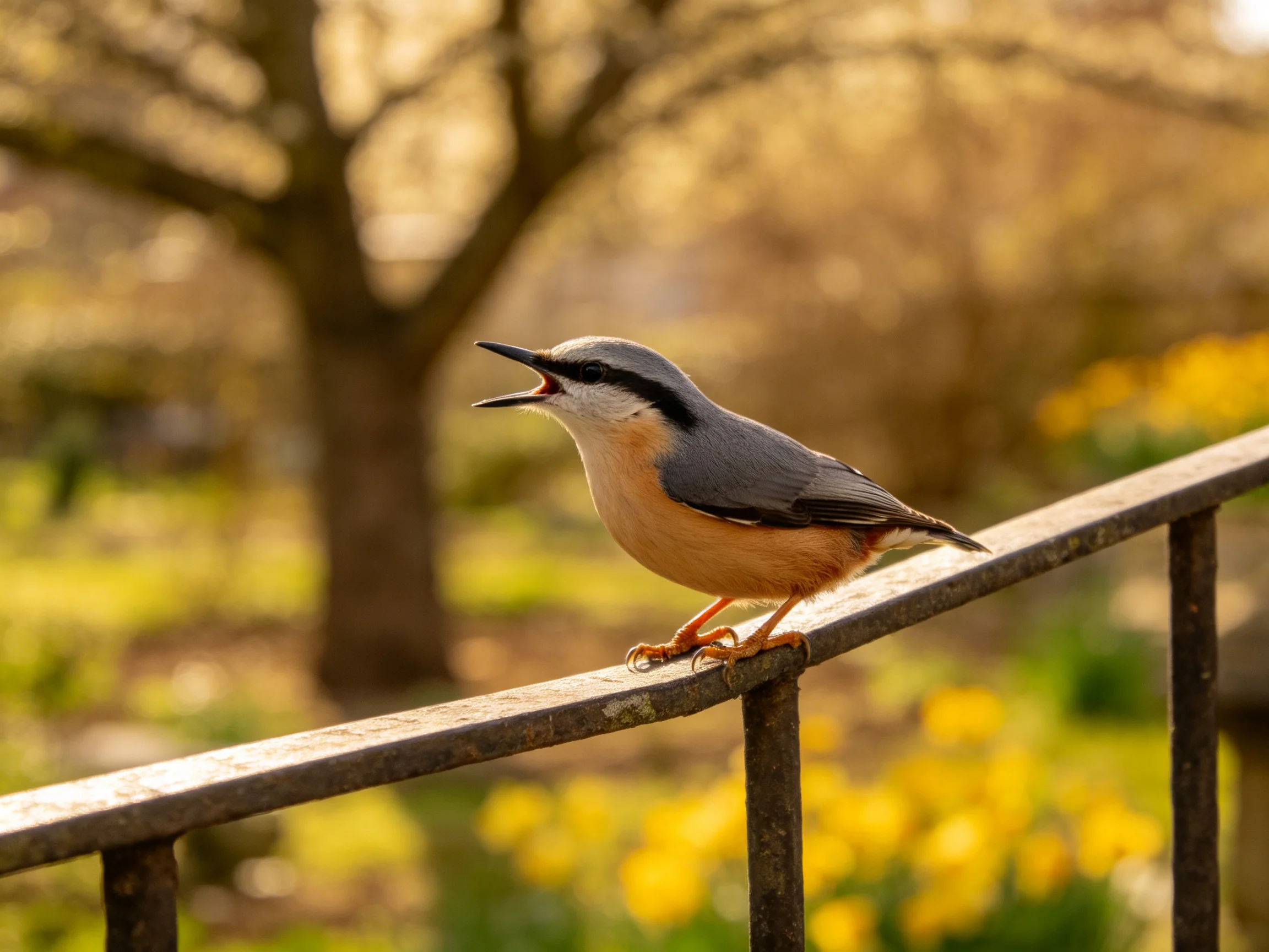 A small gray and orange bird perches on a metal railing near yellow flowers
