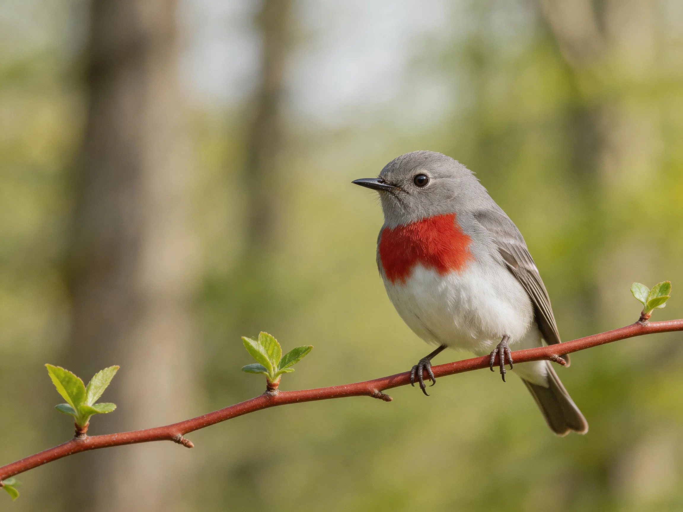 A small gray and red bird perches on a reddish branch
