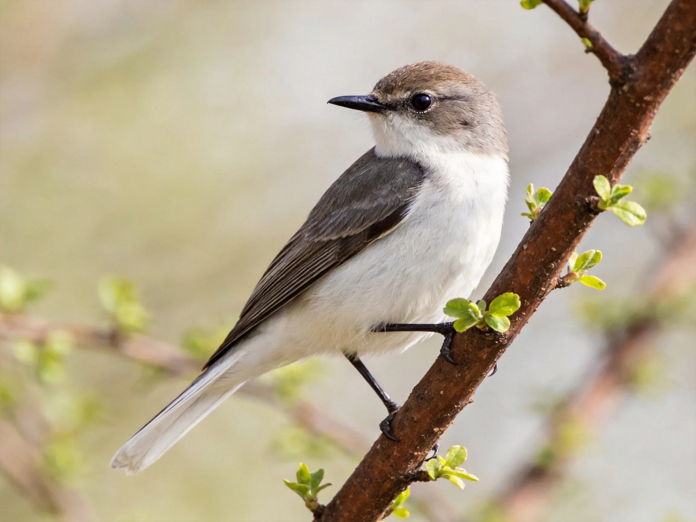 A small gray and white bird perched on a brown tree branch