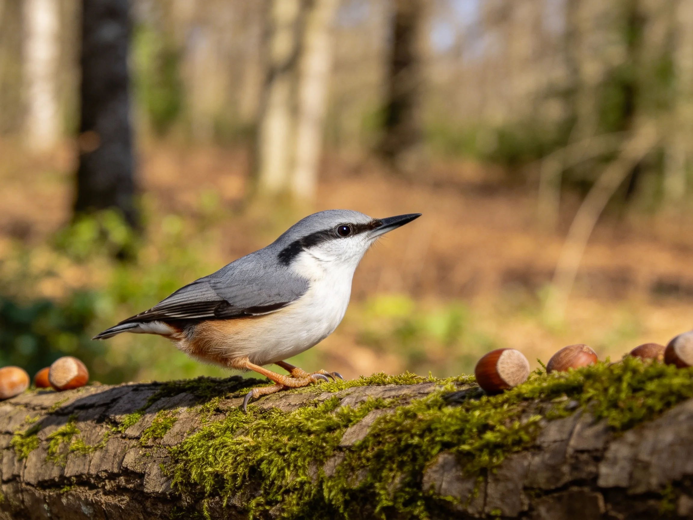 A small gray and white nuthatch perches on mossy log amid nuts