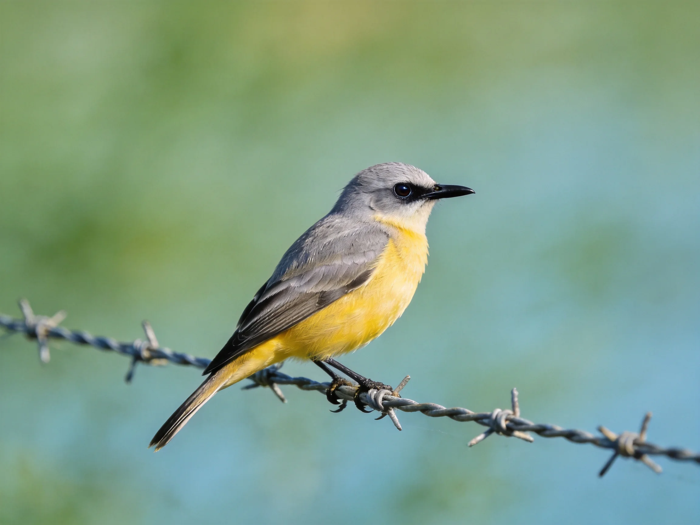 A small gray and yellow bird perched on barbed wire fence