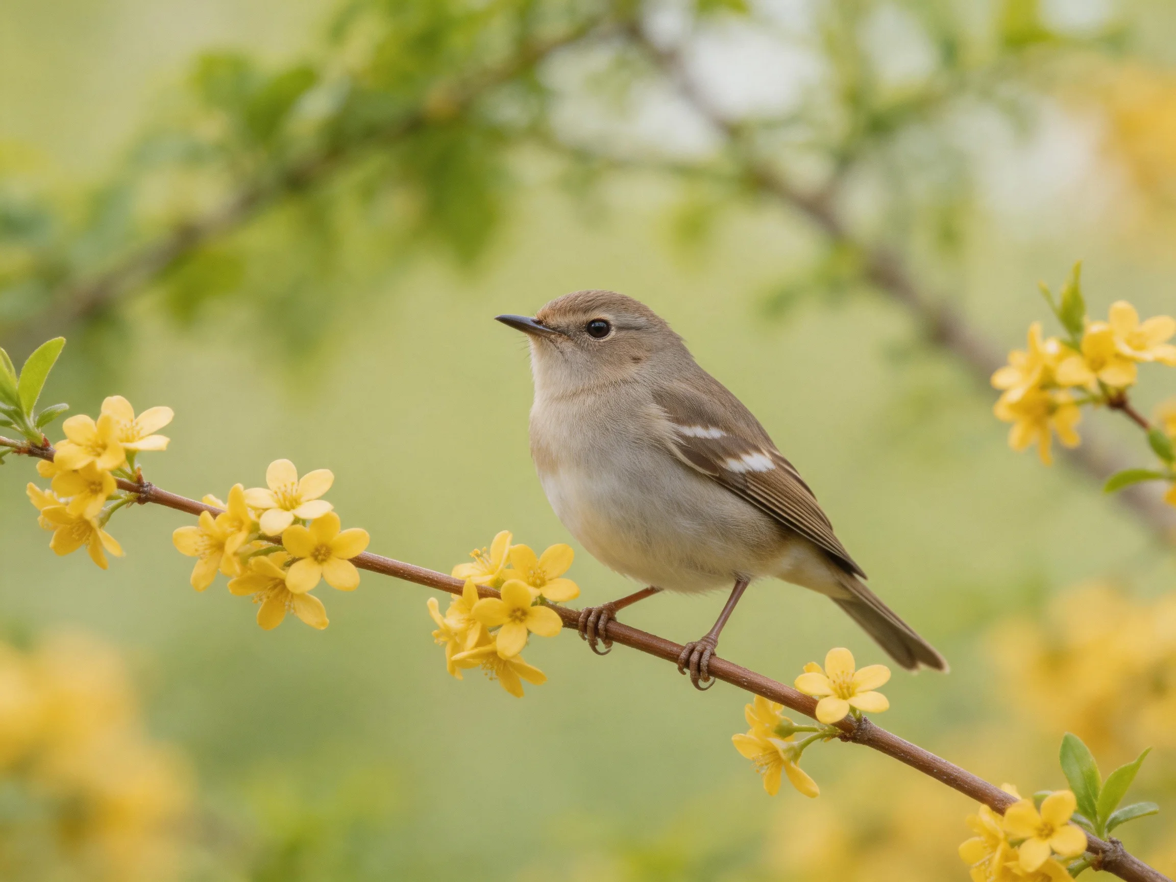 A small gray bird perched on a branch with yellow blossoms