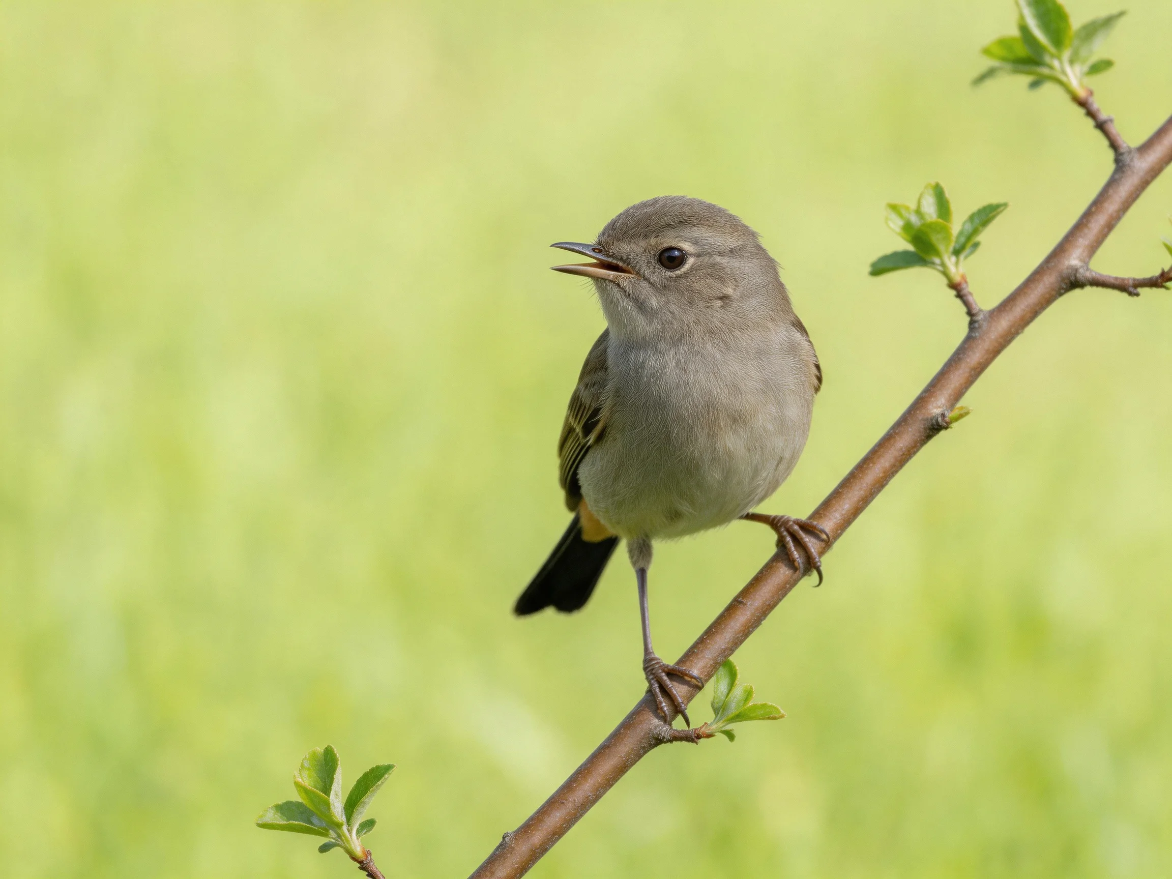 A small gray bird perched on a brown tree branch