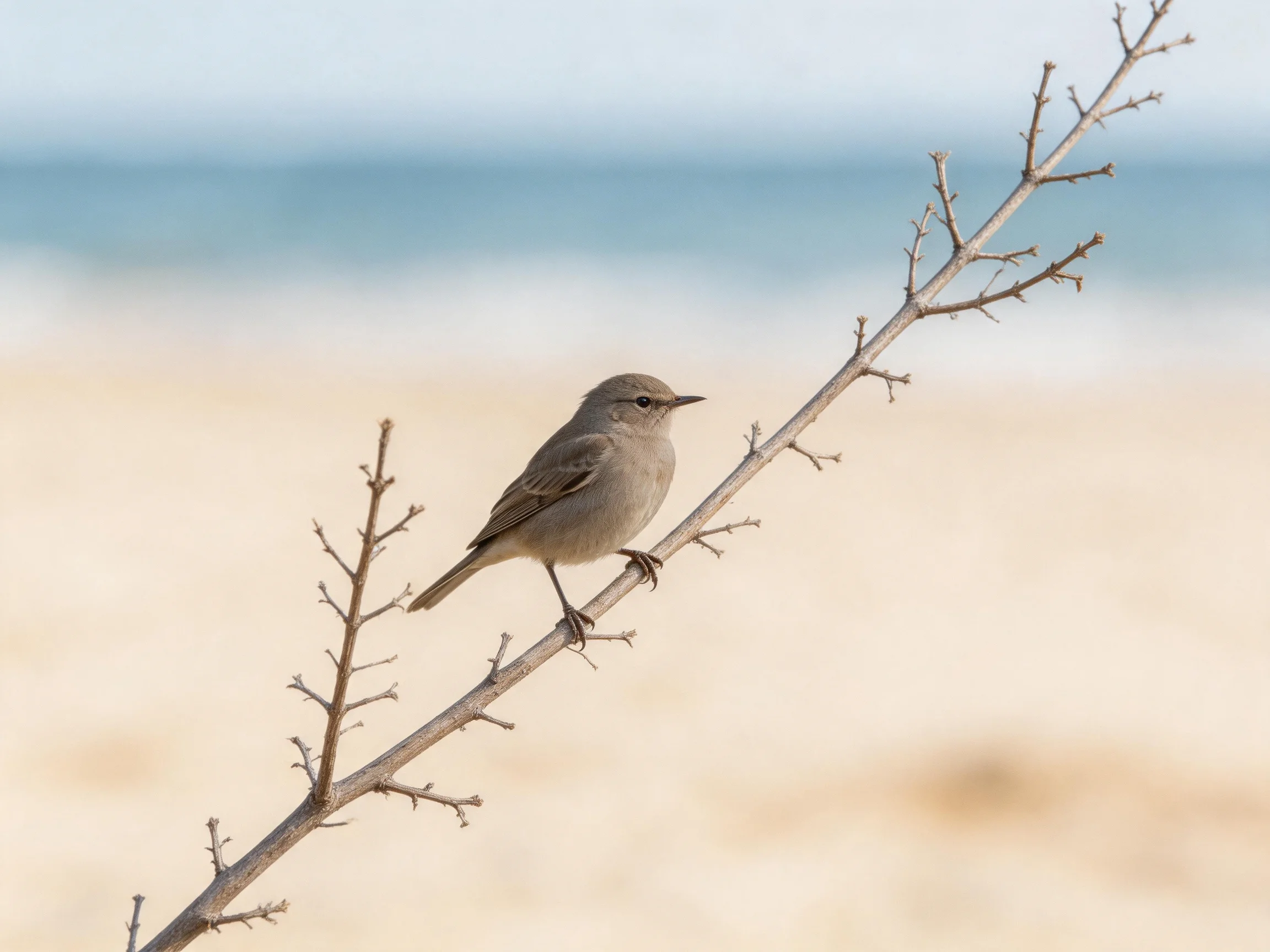 A small gray bird perched on a leafless branch by the shore
