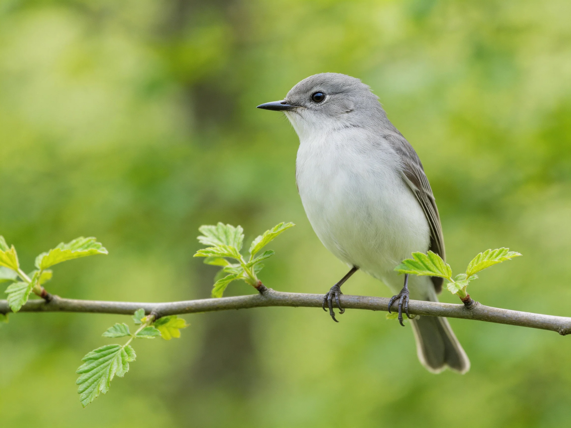 A small gray bird perched on a leafy tree branch