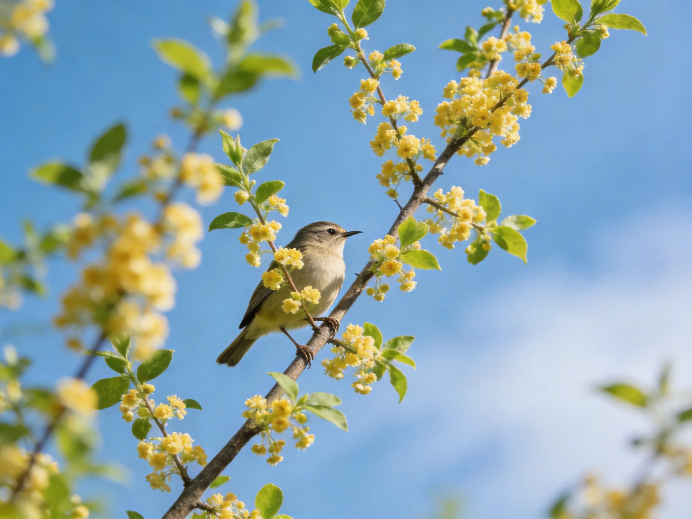A small gray bird perches on a branch with yellow blooms and green leaves