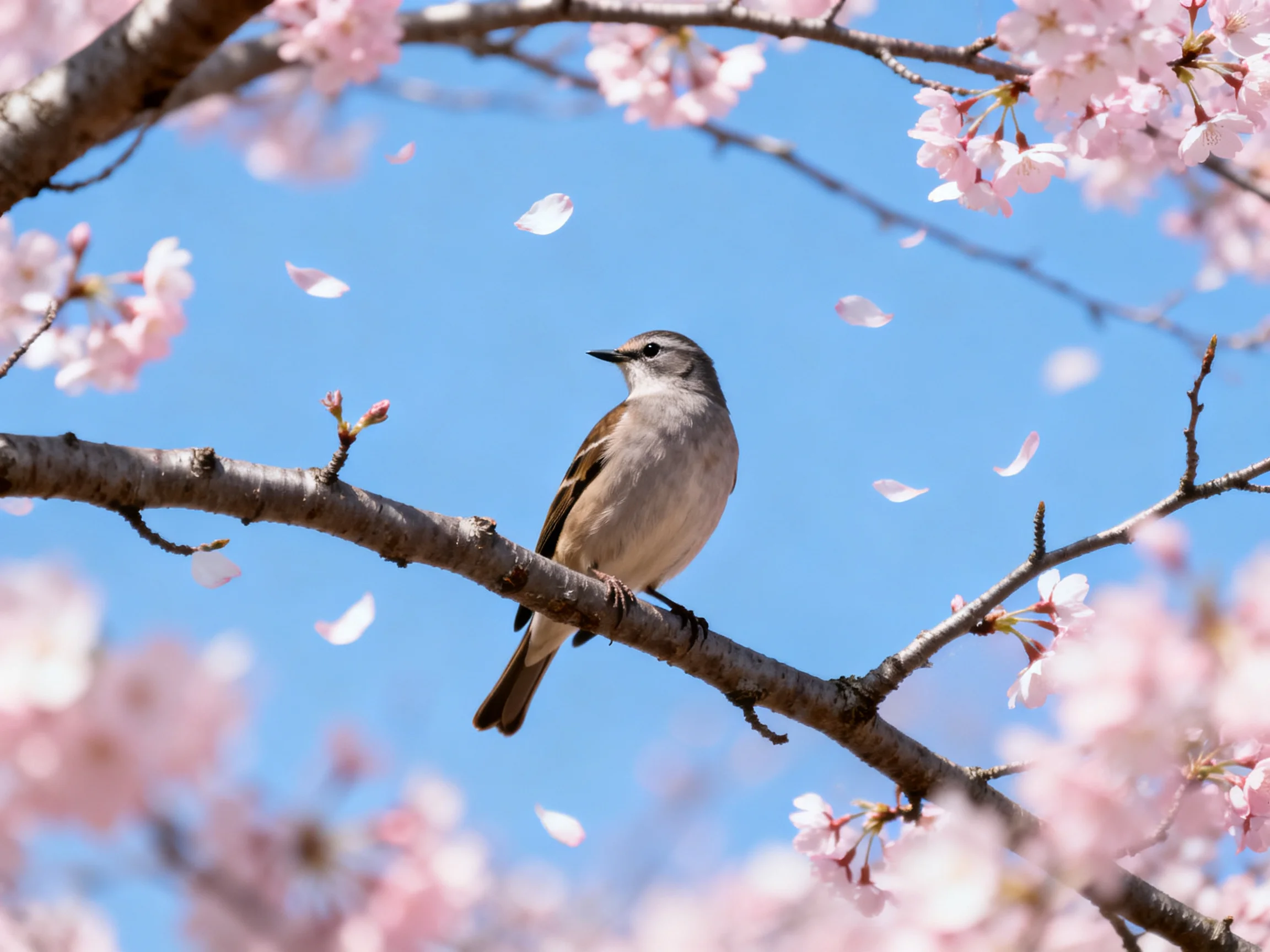 A small gray bird perches on a cherry blossom branch with pink flowers and falling petals