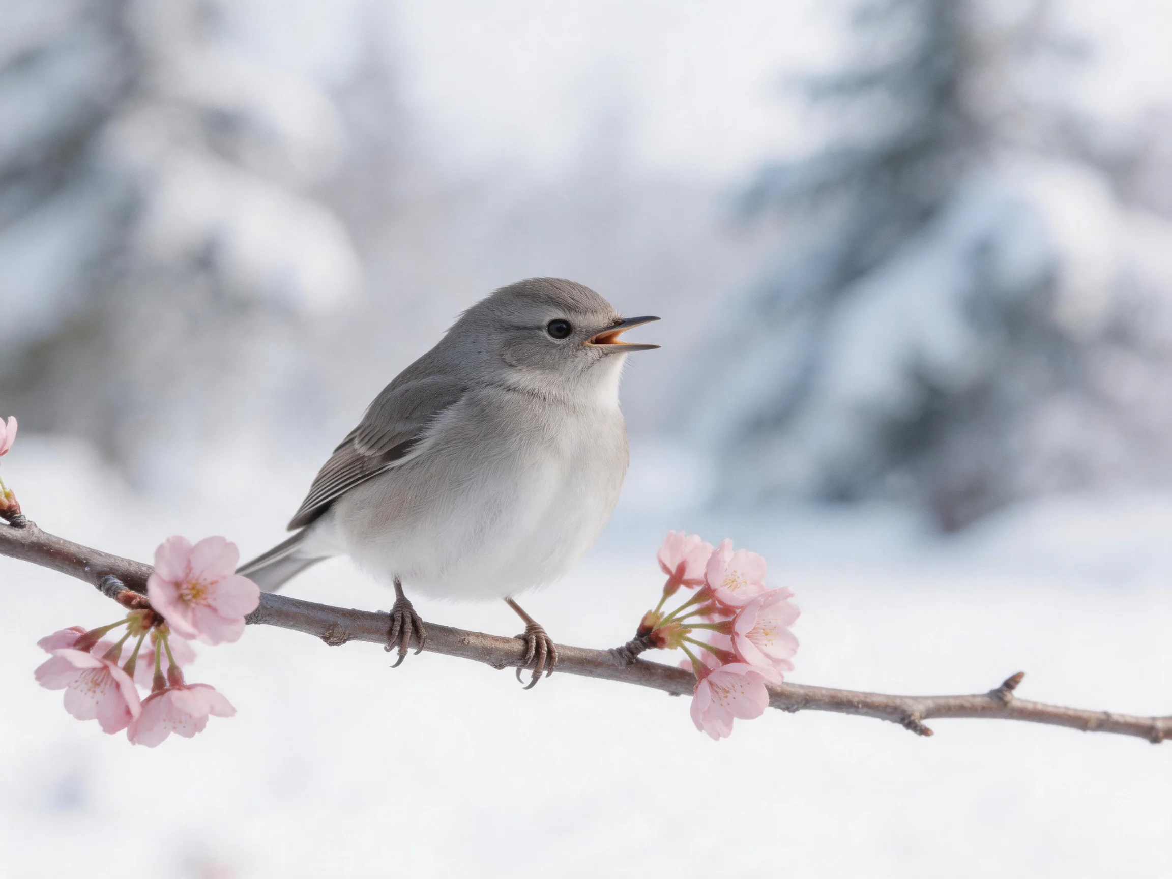 A small gray bird perches on a flowering branch with pink blossoms amid snow