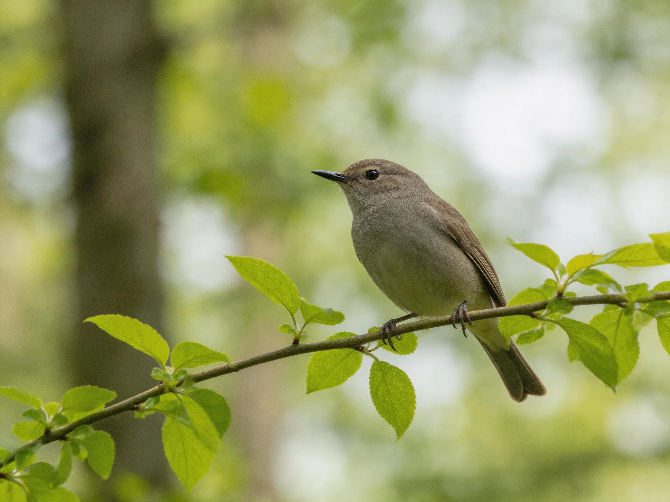 A small gray bird perches on a leafy branch