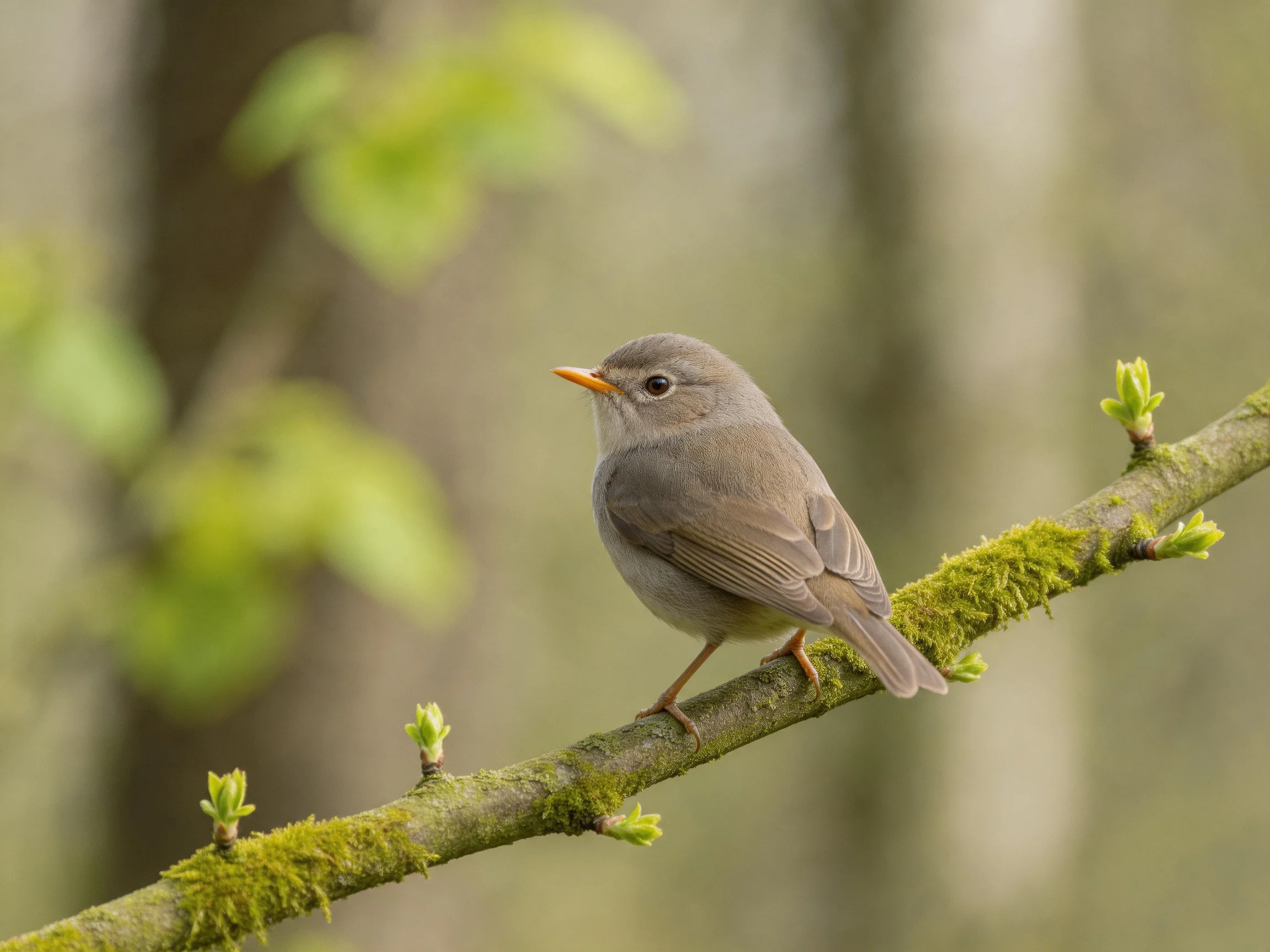 A small gray bird perches on a moss-covered tree branch