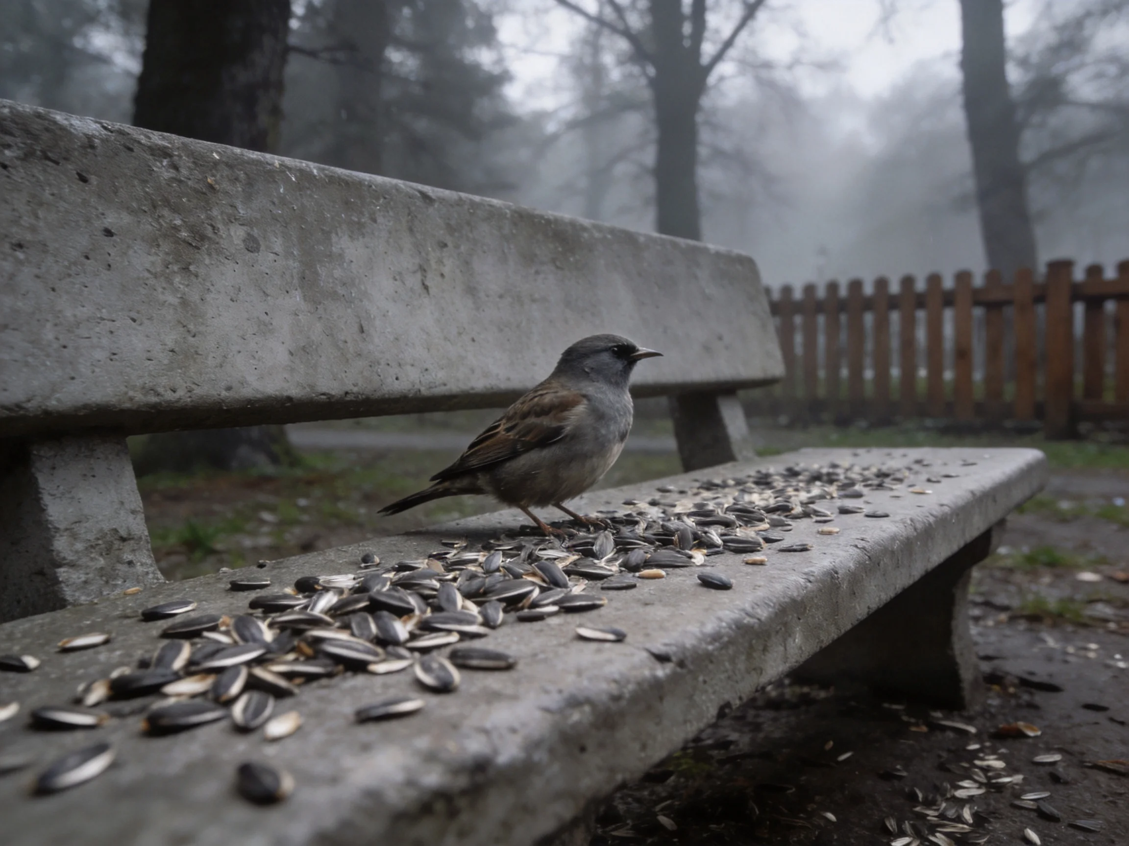 A small gray bird sits on a concrete bench with scattered sunflower seeds
