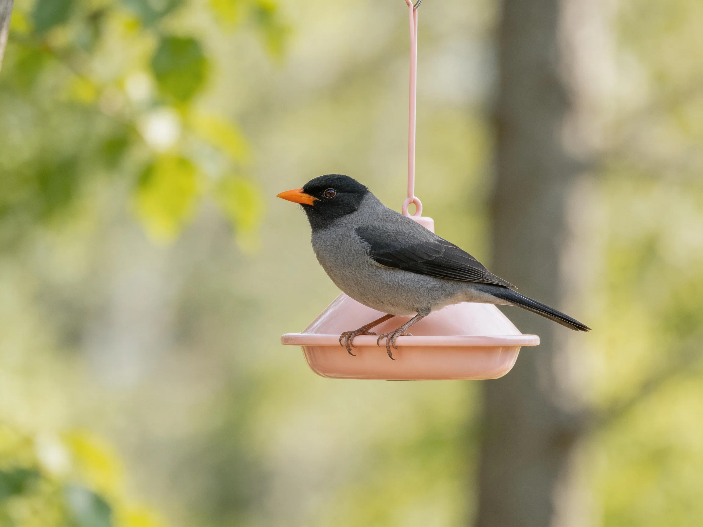 A small gray bird with an orange beak sits on a pink feeder in a natural setting.