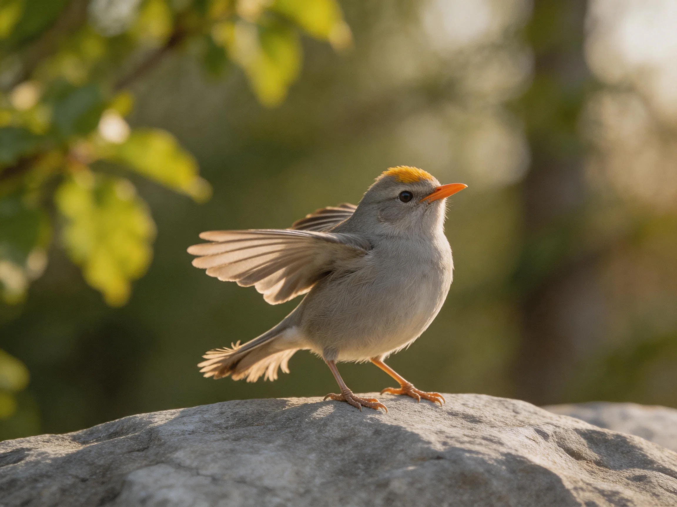 A small gray bird with an orange beak stands on a rock amid greenery