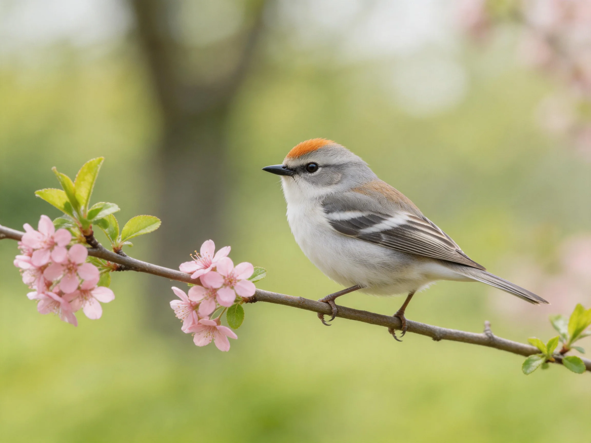 A small gray bird with an orange crown rests on a flowering branch.