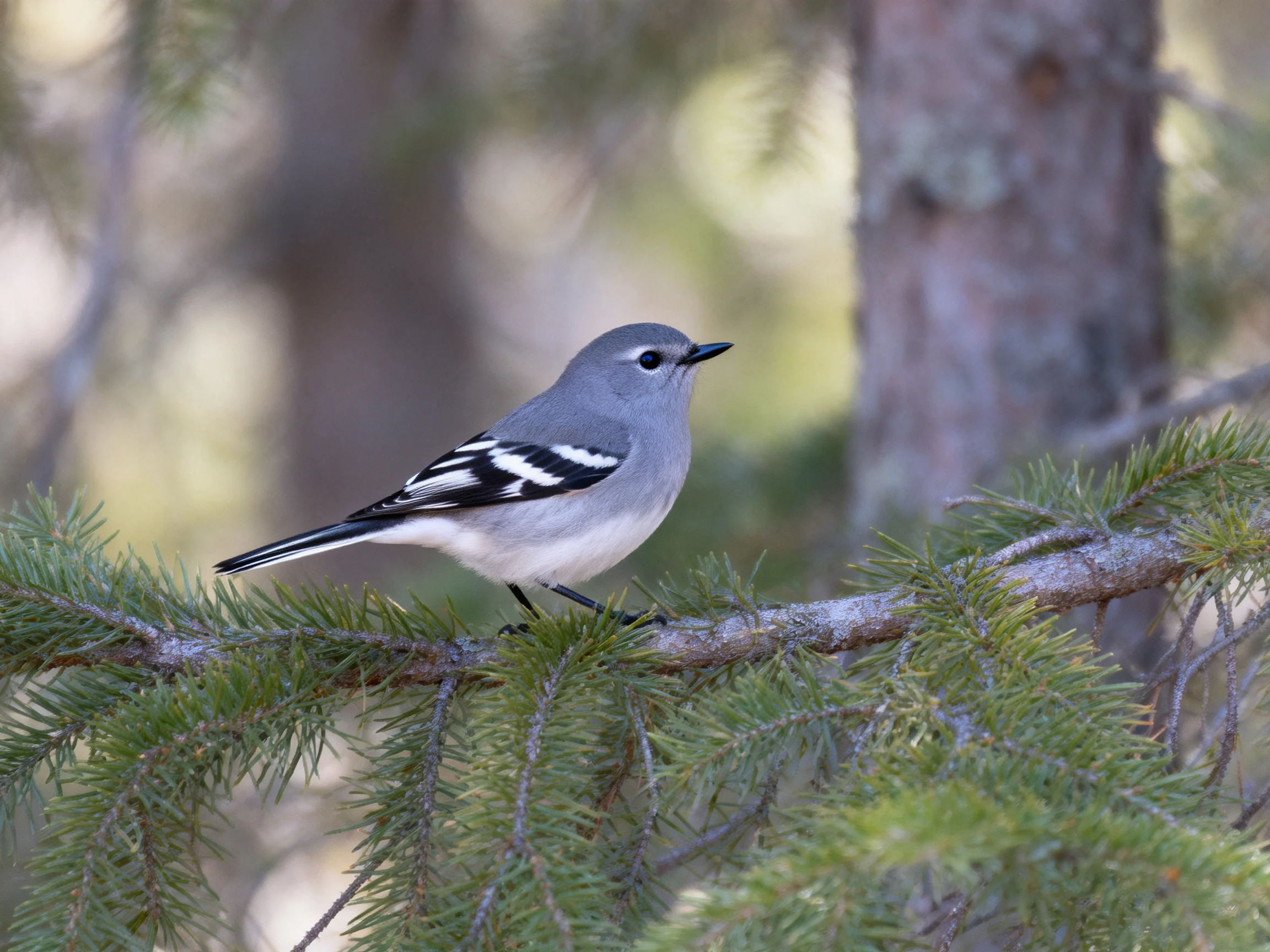 A small gray bird with black-and-white wings perches on a pine branch.