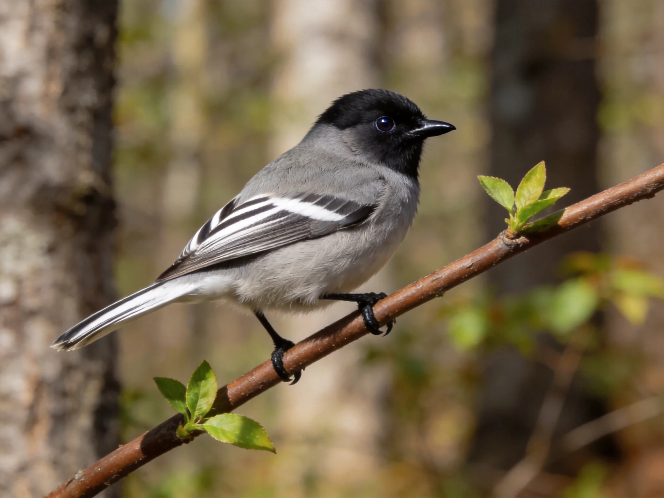 A small gray bird with black head perches on a brown branch