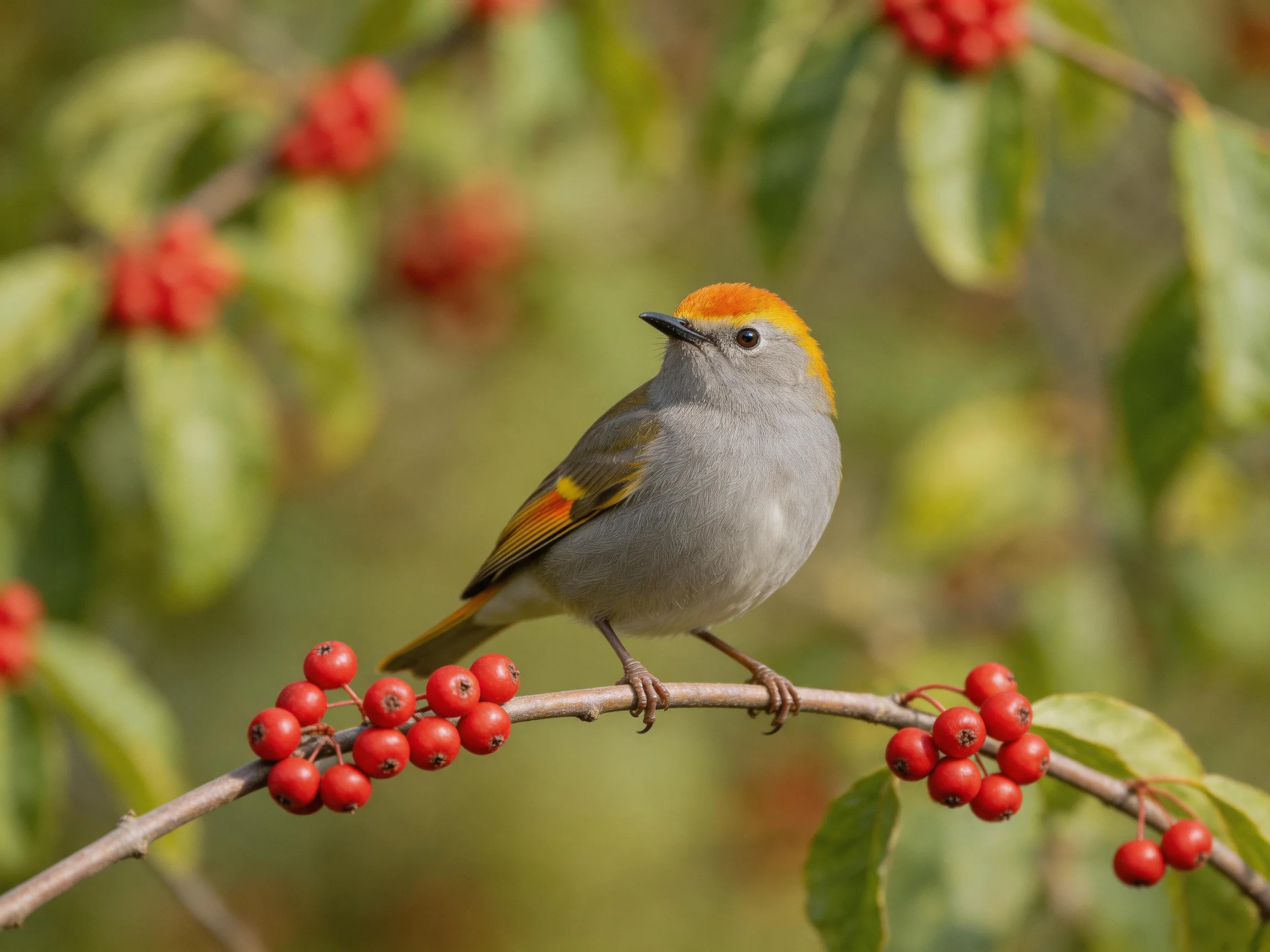 A small gray bird with an orange head rests on a branch adorned with vibrant red berries.