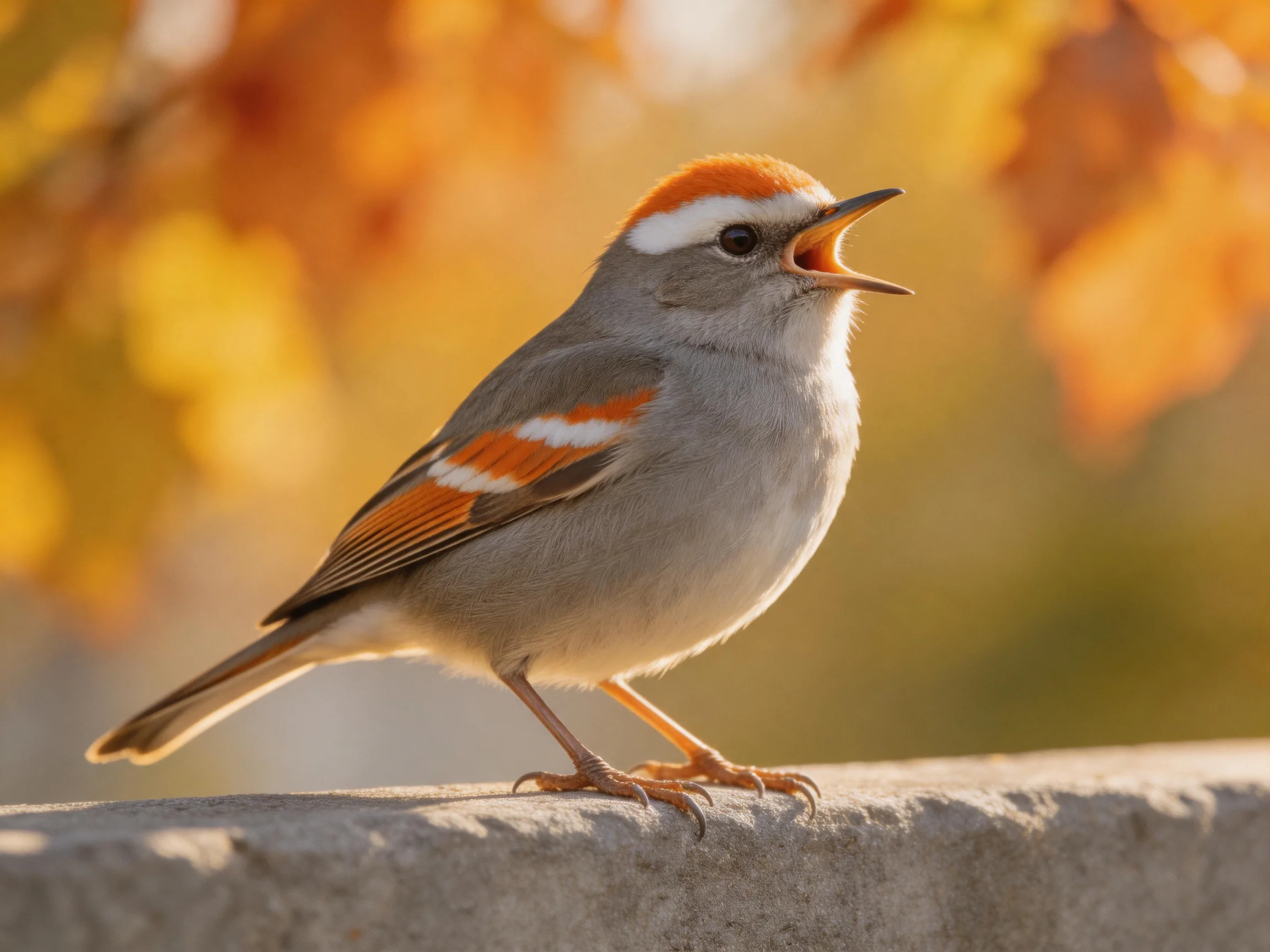 A small gray bird with orange markings sings on a stone ledge