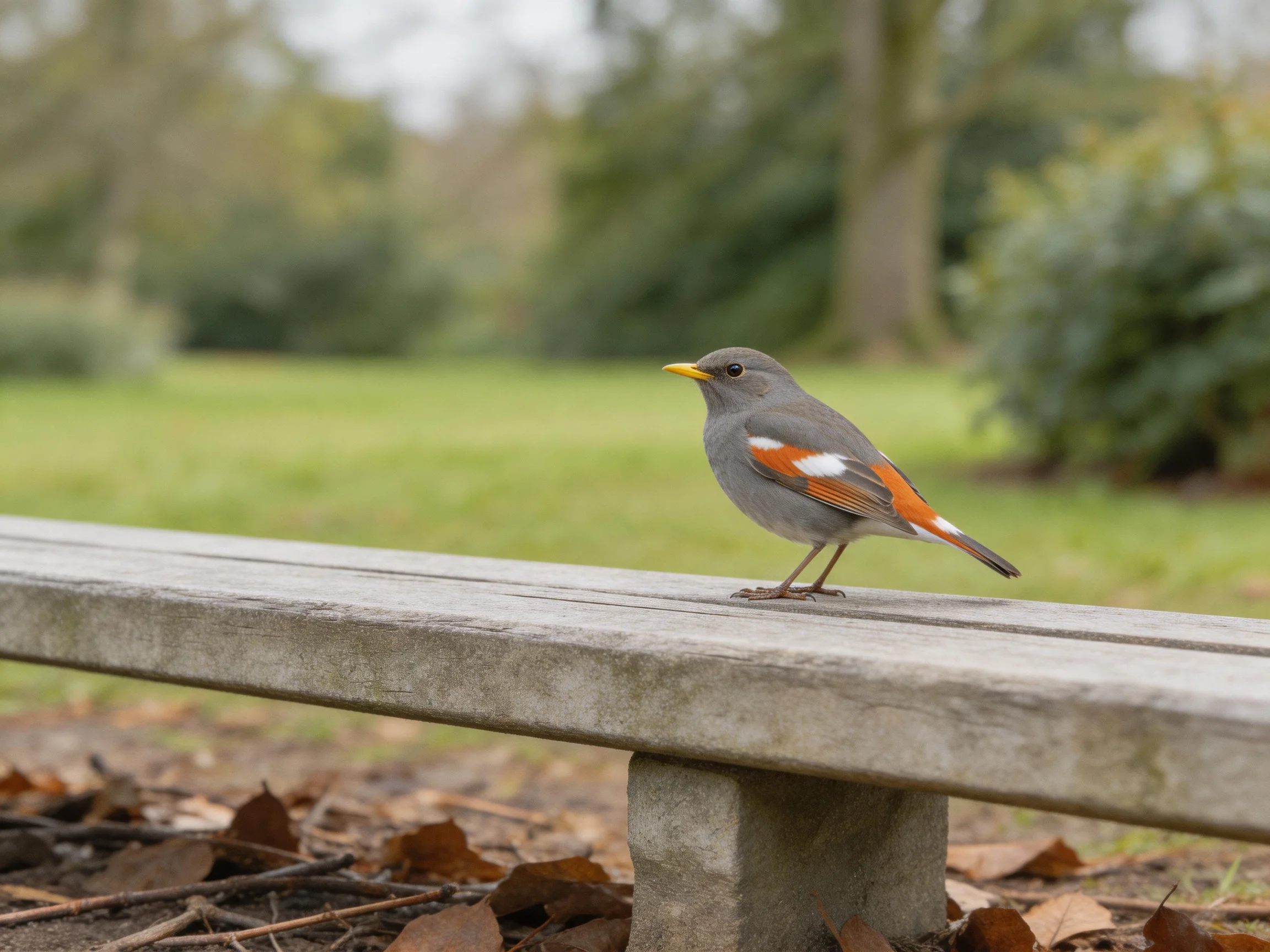 A small gray bird with orange-red wings rests on a wooden bench in a park.