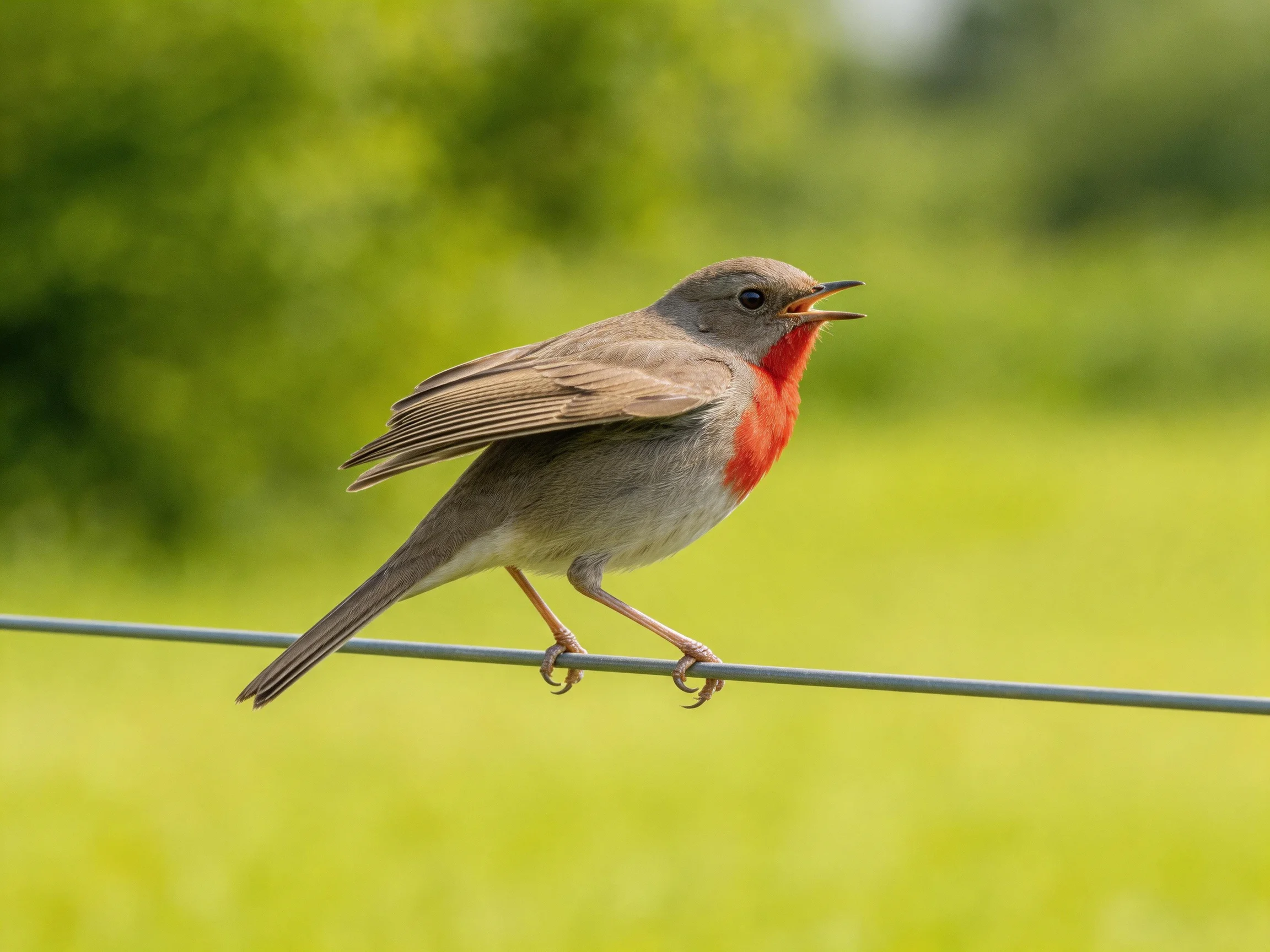 A small gray bird with red chest perched on a wire