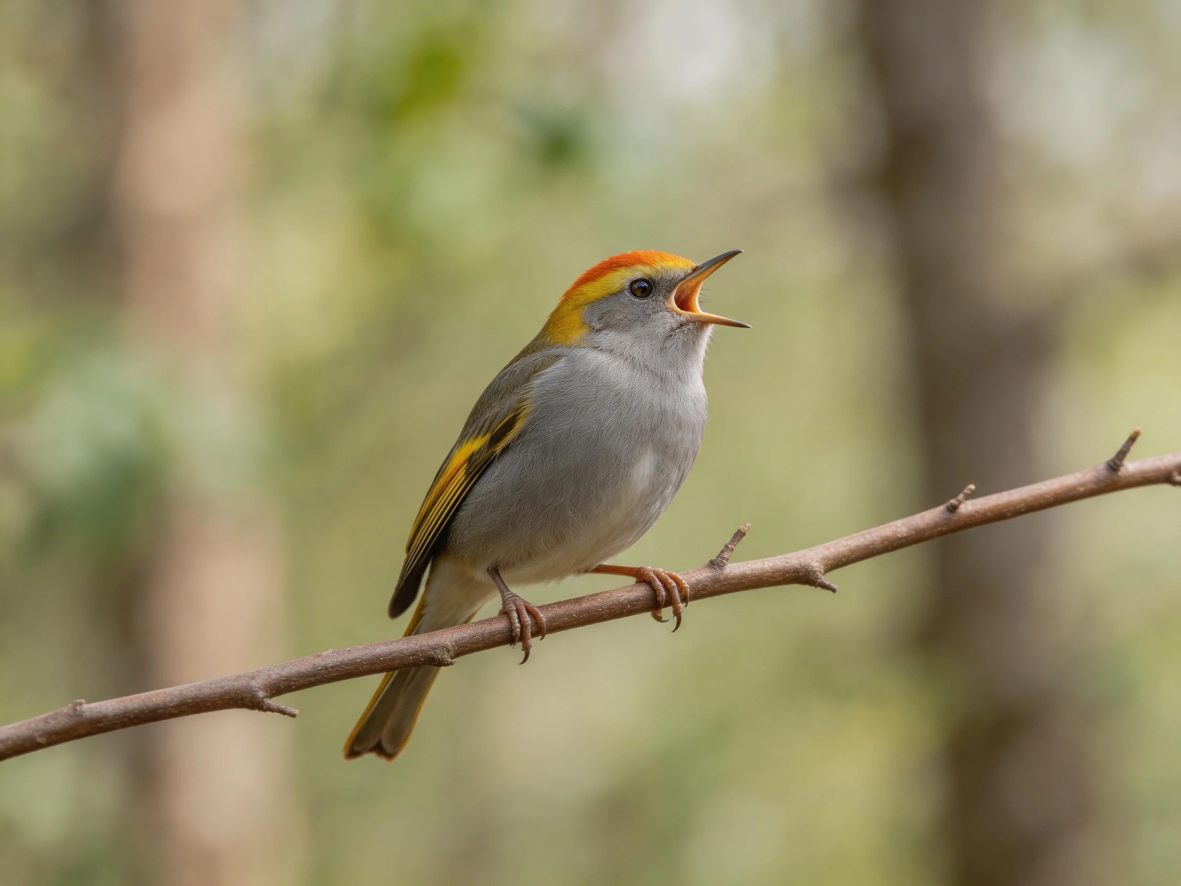 A small gray bird with colorful plumage sings while perched on a branch