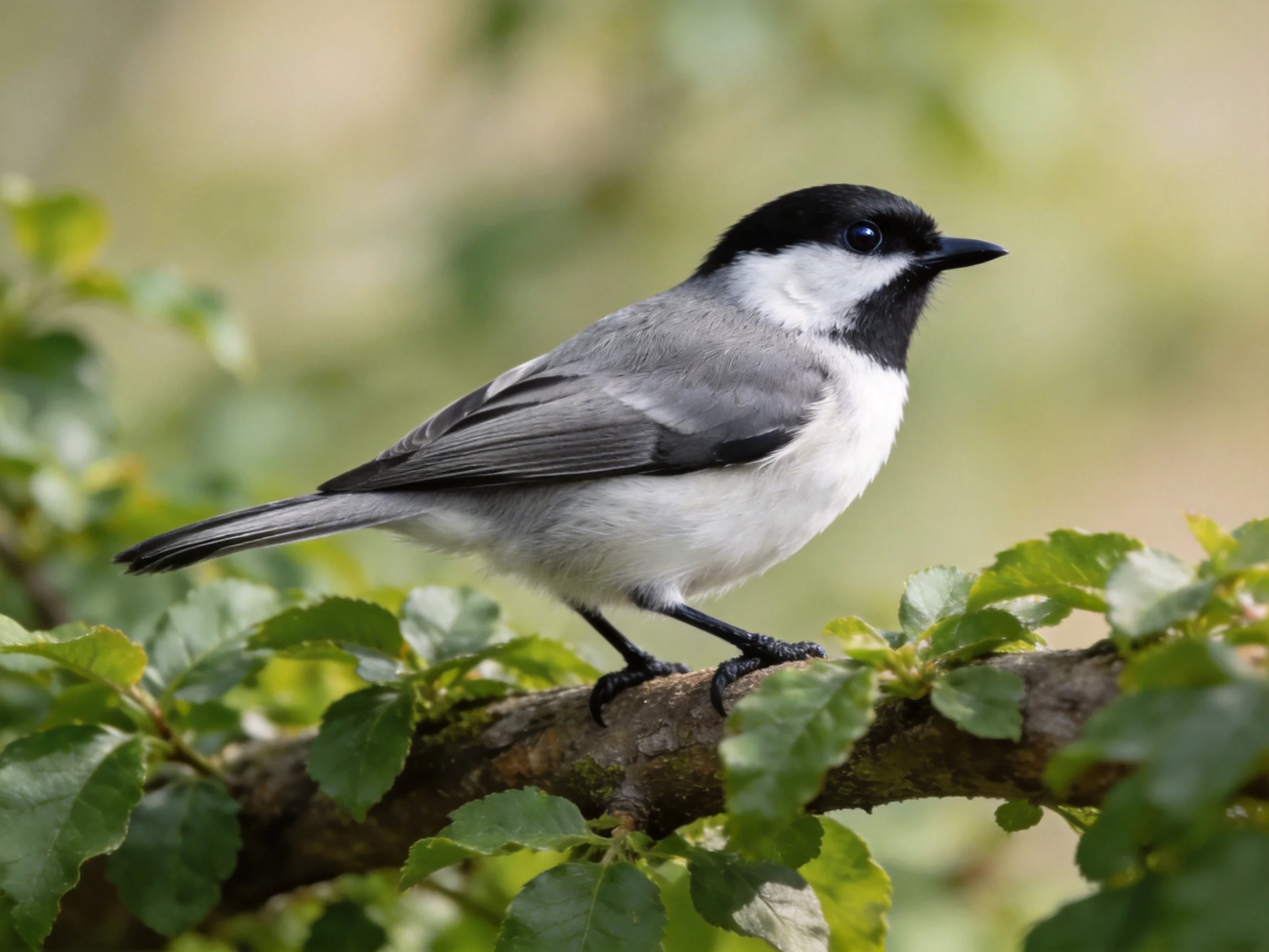 A small gray, black, and white bird perched on a leafy branch