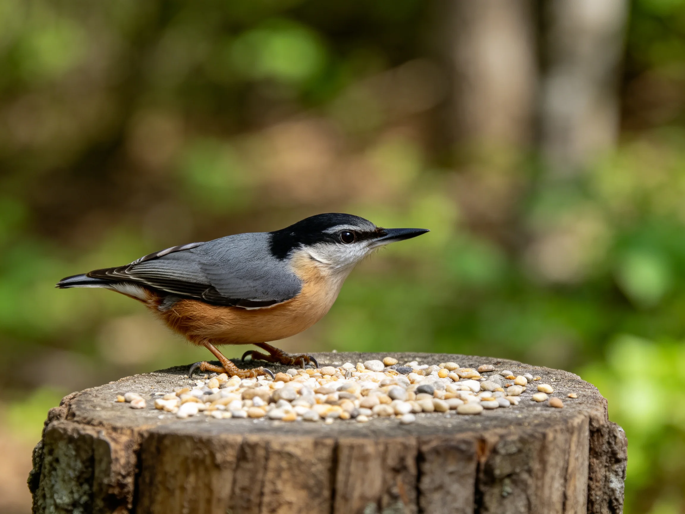 A small gray-brown bird perches on a wooden stump with scattered seeds
