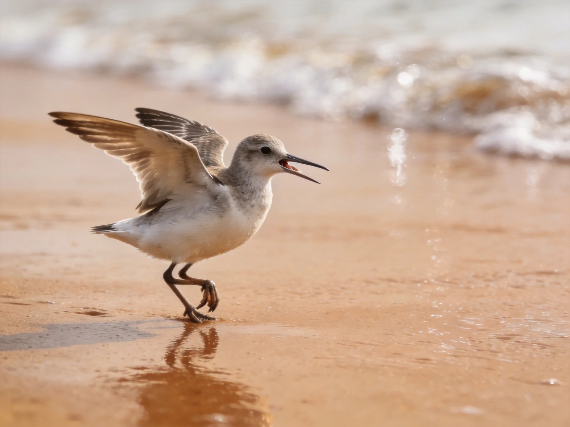 A small gray-brown bird spreads wings on wet sandy shore