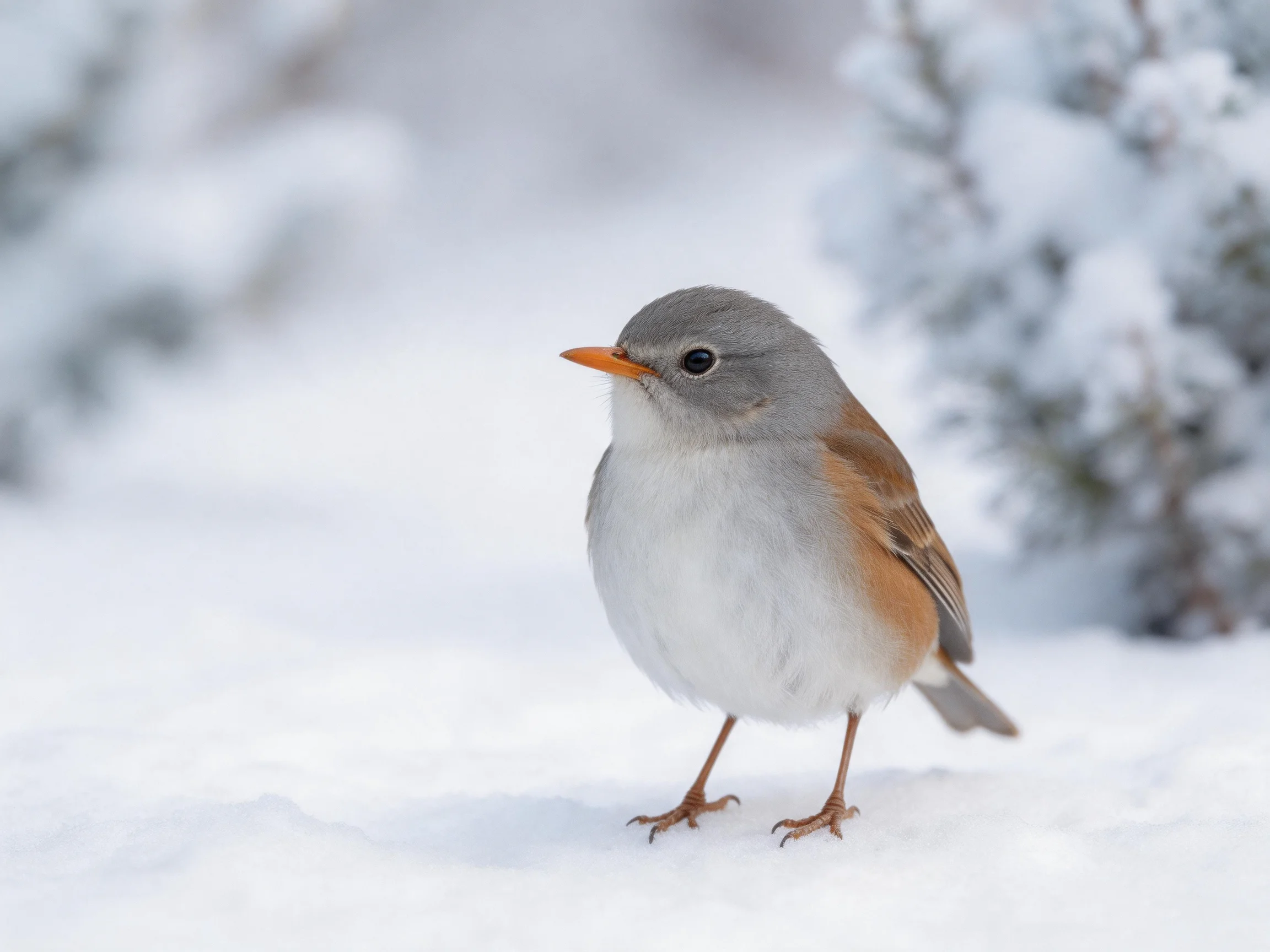 A small gray-brown bird with an orange beak stands on snow near frosted vegetation