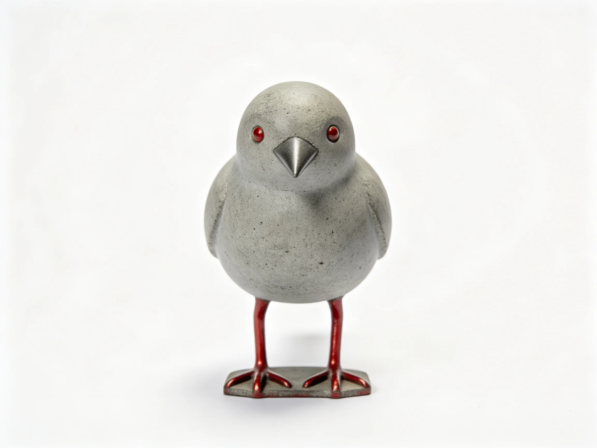 A small gray concrete bird figurine with red eyes and legs