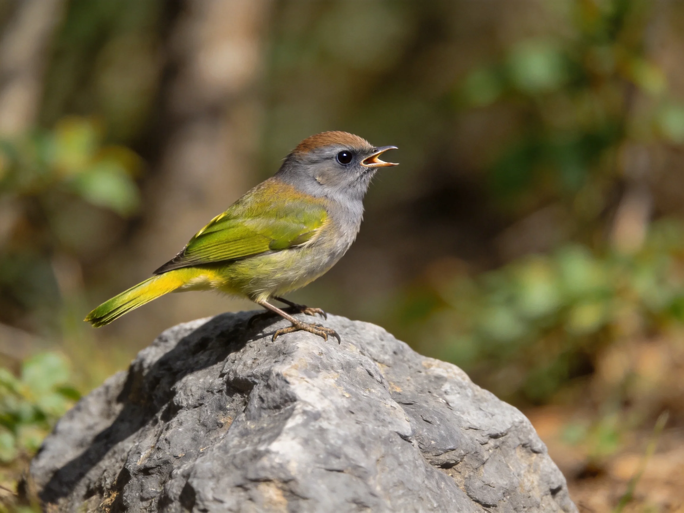A small gray-green-yellow bird with brown cap perched on a rock