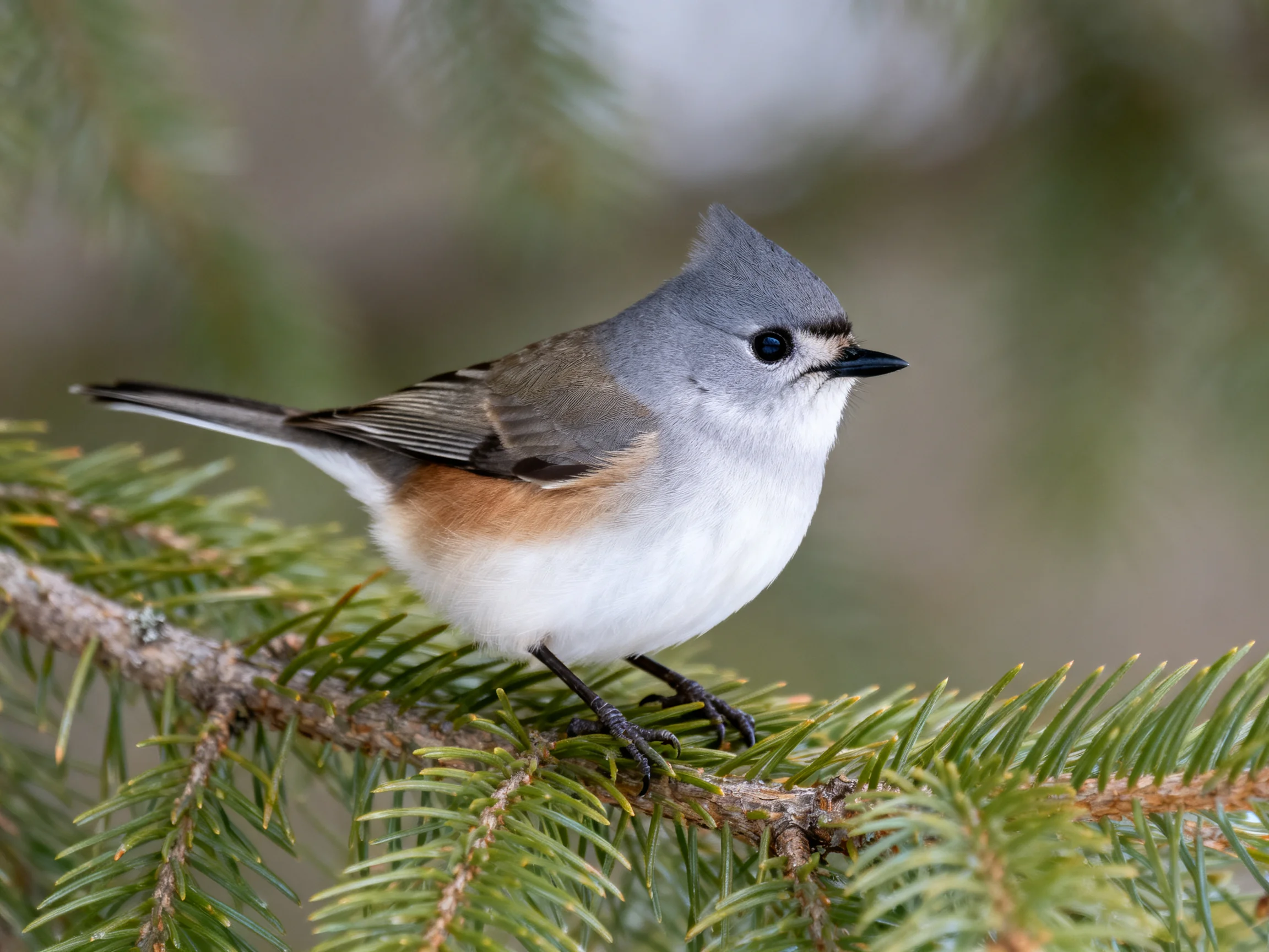 A small gray-headed bird rests on vibrant green pine branches.